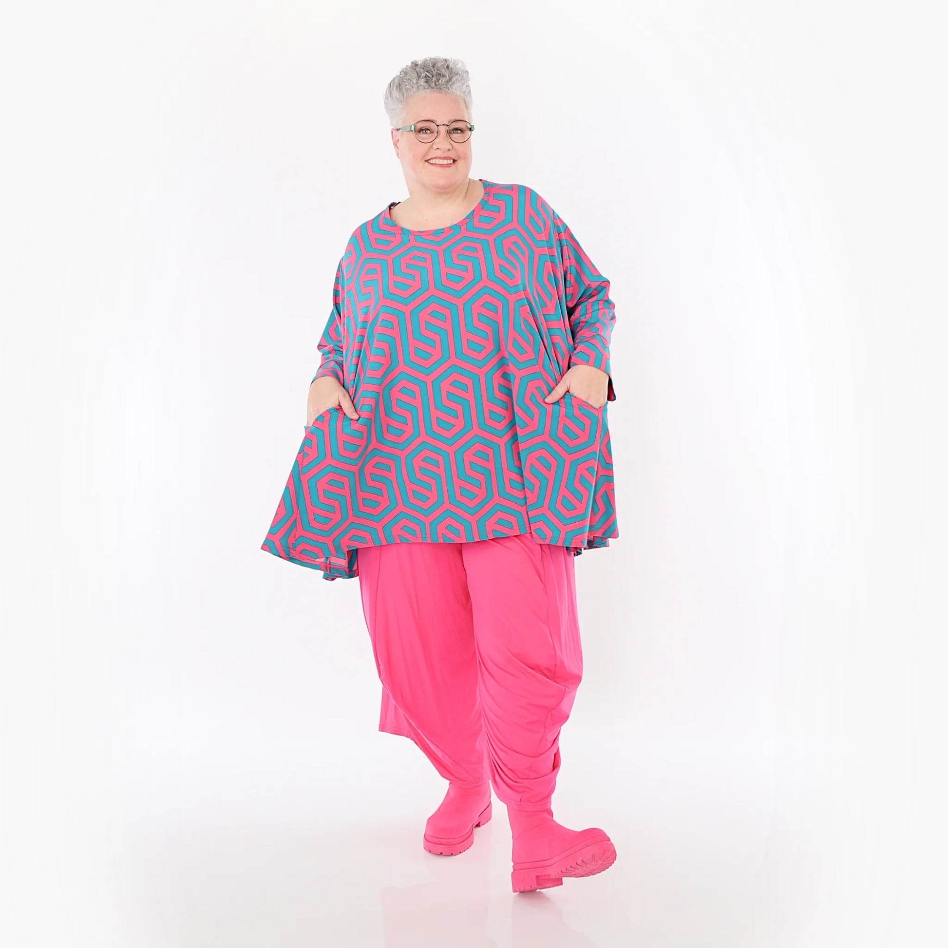  A-Form Bigshirt von AKH Fashion aus Viskose, 1473.00593, Fuchsia/Grün, Grafik, Ausgefallen