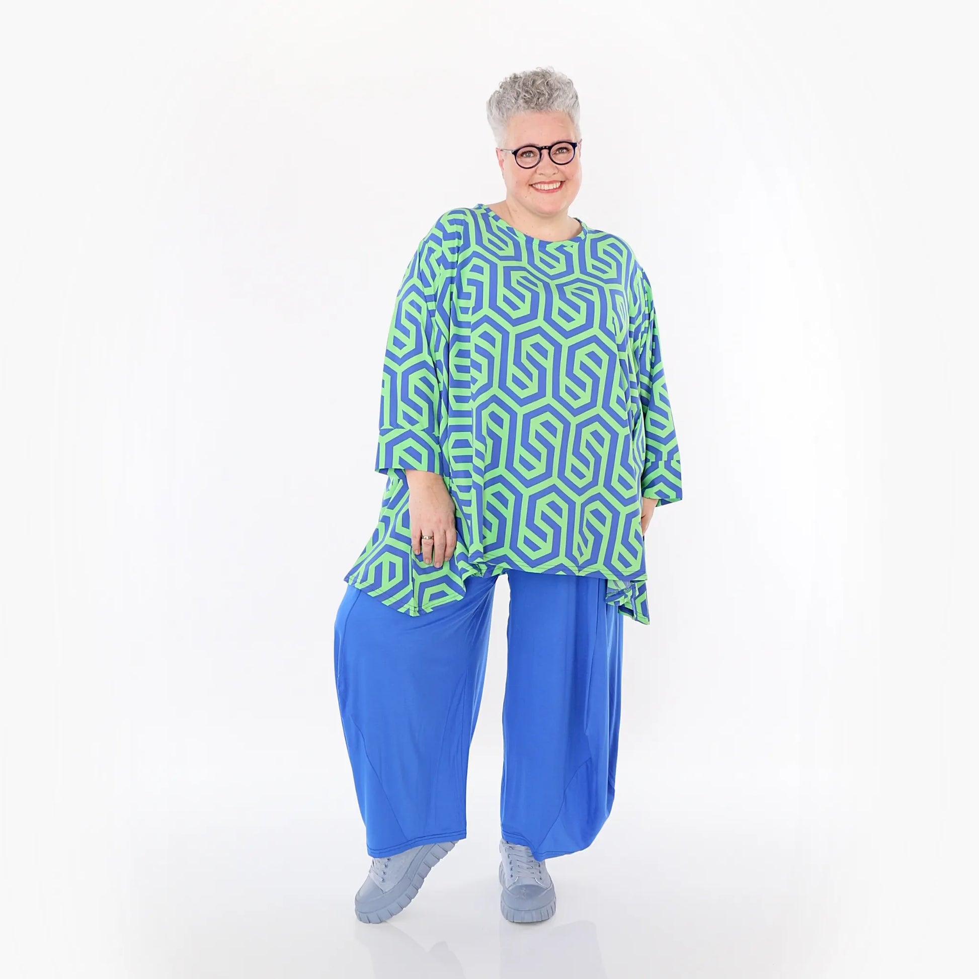 A-Form Bigshirt von AKH Fashion aus Viskose, 1473.00593, Lime/Blau, Grafik, Ausgefallen