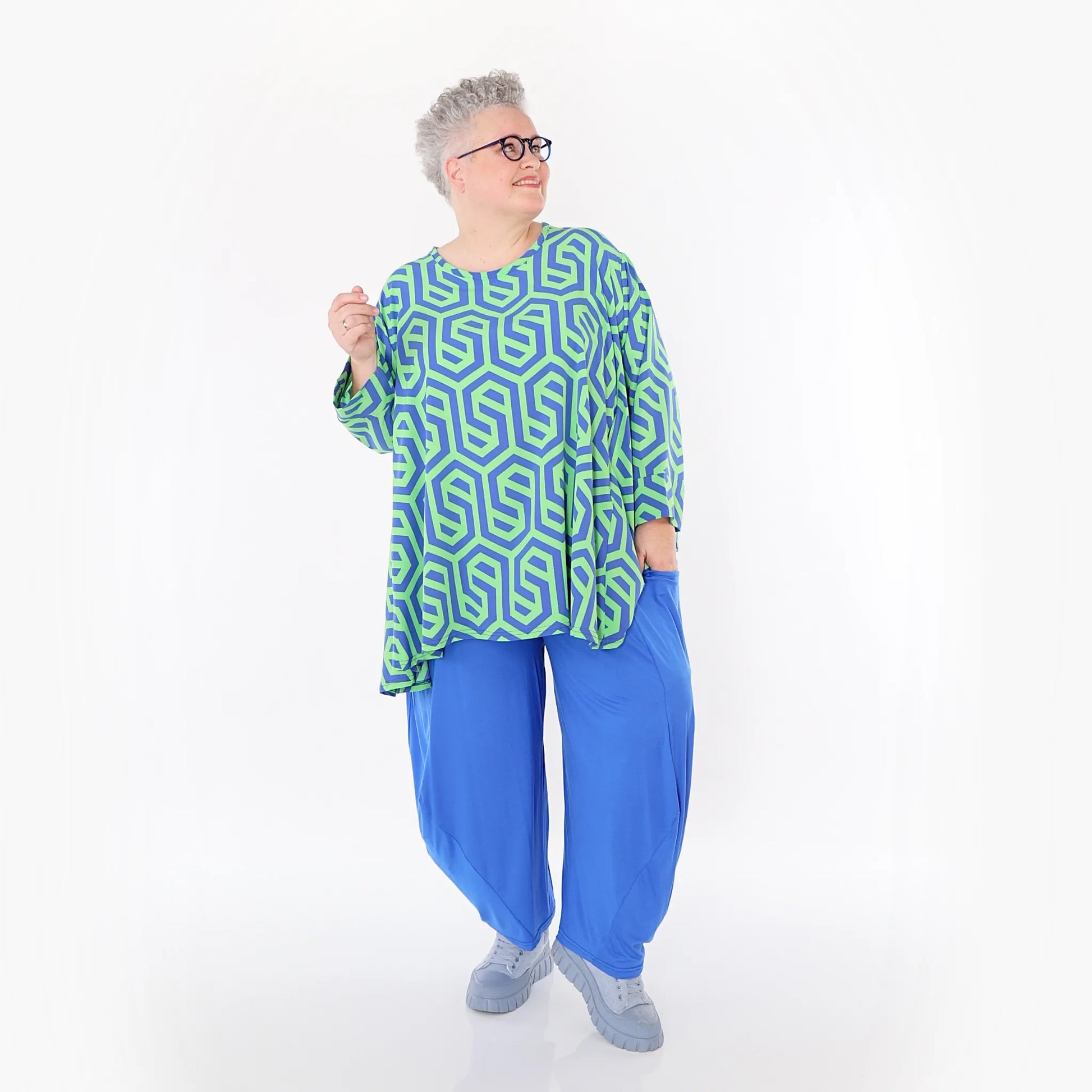 A-Form Bigshirt von AKH Fashion aus Viskose, 1473.00593, Lime/Blau, Grafik, Ausgefallen