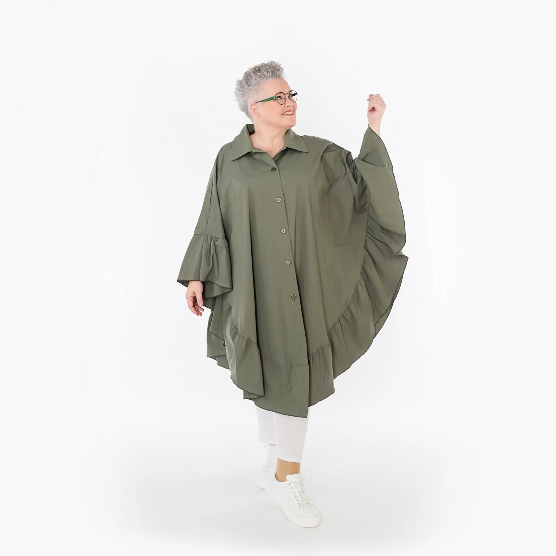  AKH Fashion Bluse in gerundeter Form, aus Baumwolle, 1482.07085, Khaki, Ausgefallen