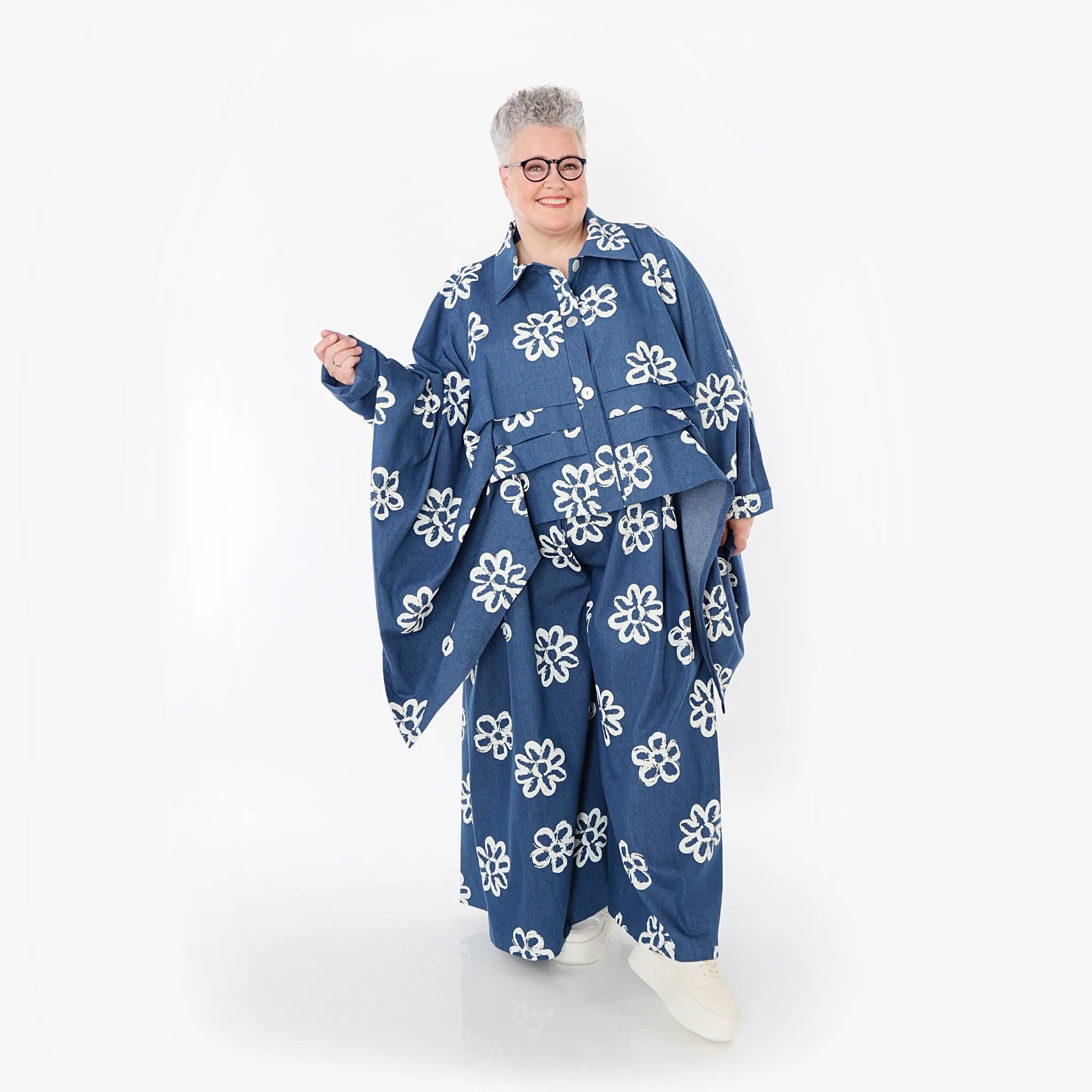  Palazzo Hose von AKH Fashion aus Baumwolle, 1485.07077, Jeansblau/Weiß, Blumen, Schick