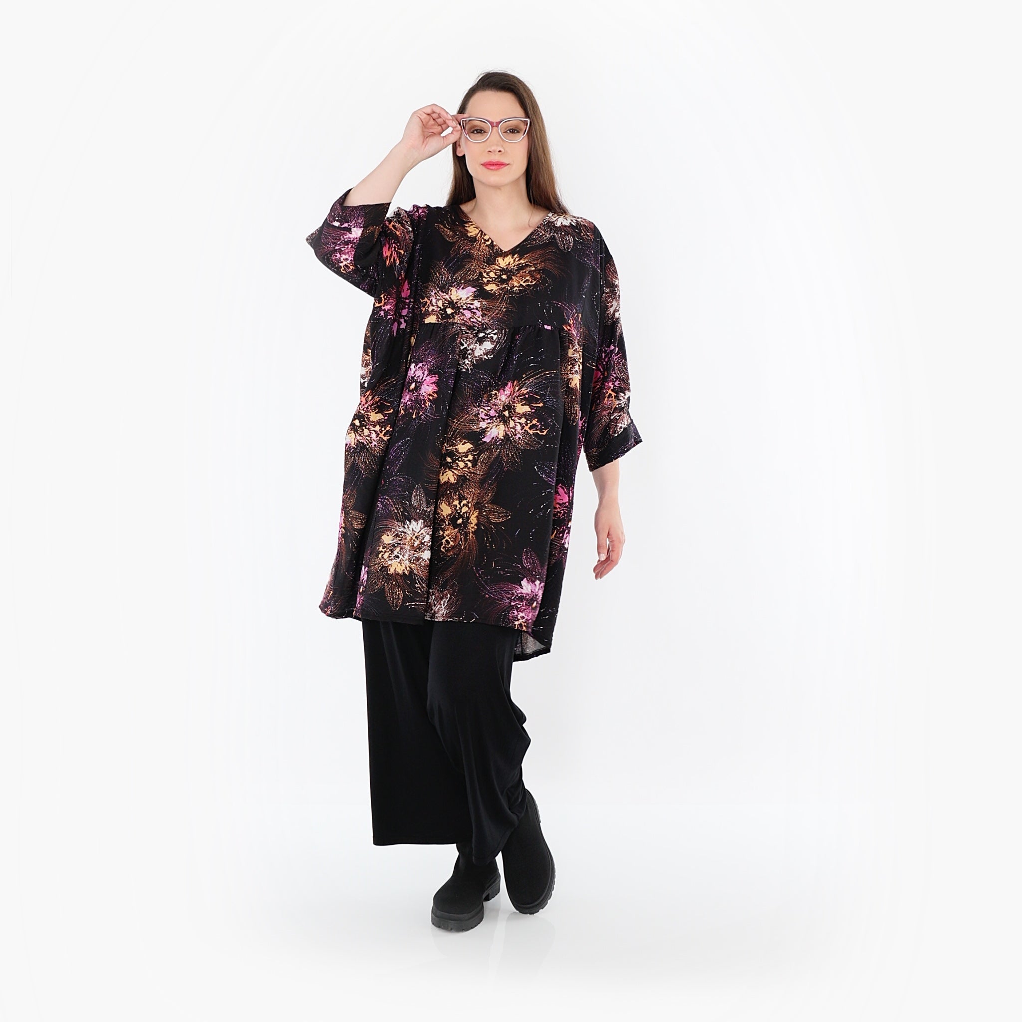  A-Form Bigshirt von AKH Fashion aus Viskose, 1491.07091, Schwarz/Fuchsia/Multi, Blumen