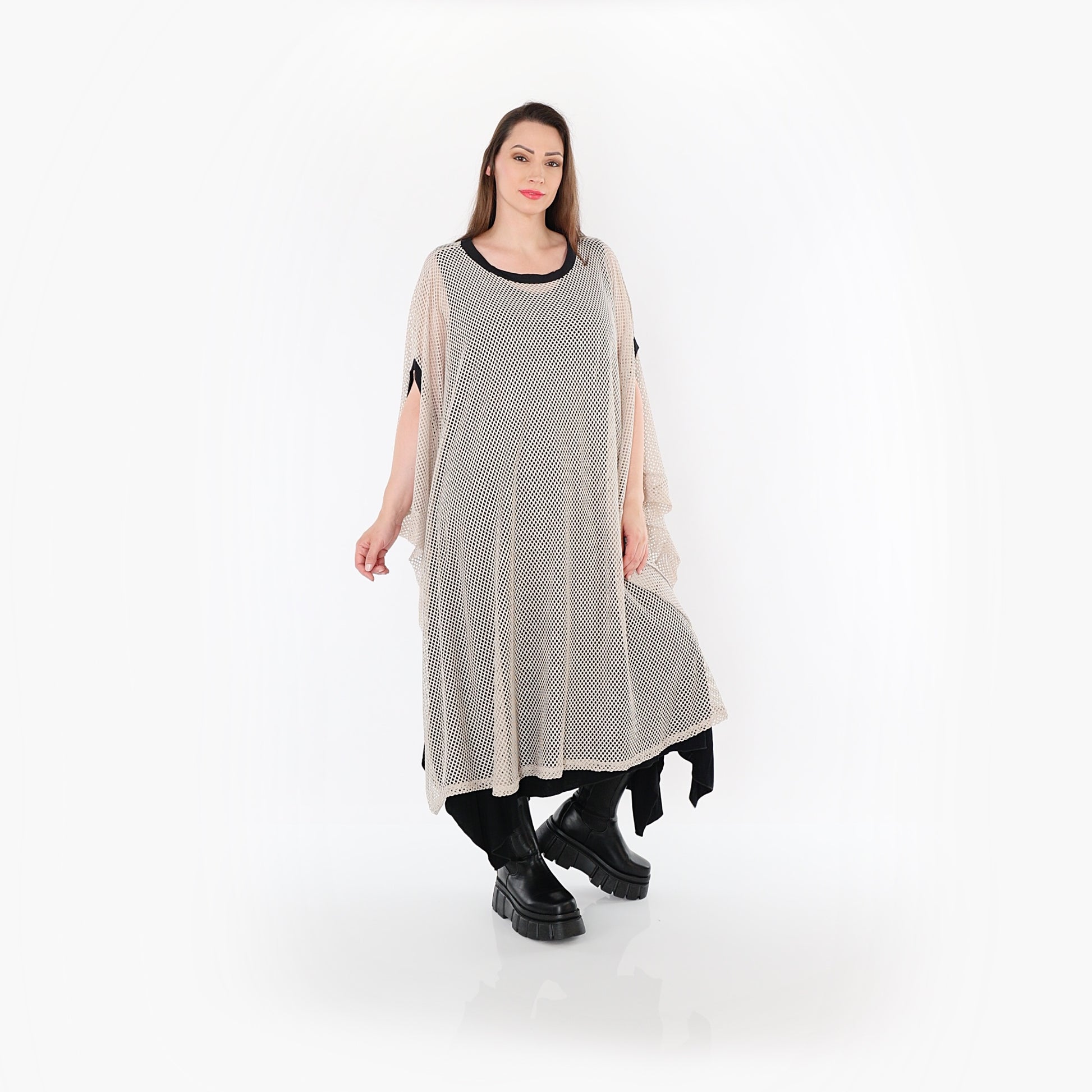  AKH Fashion Überwurf in gerader Form, aus Baumwolle, 1500.07100, Beige/Schwarz, Schick