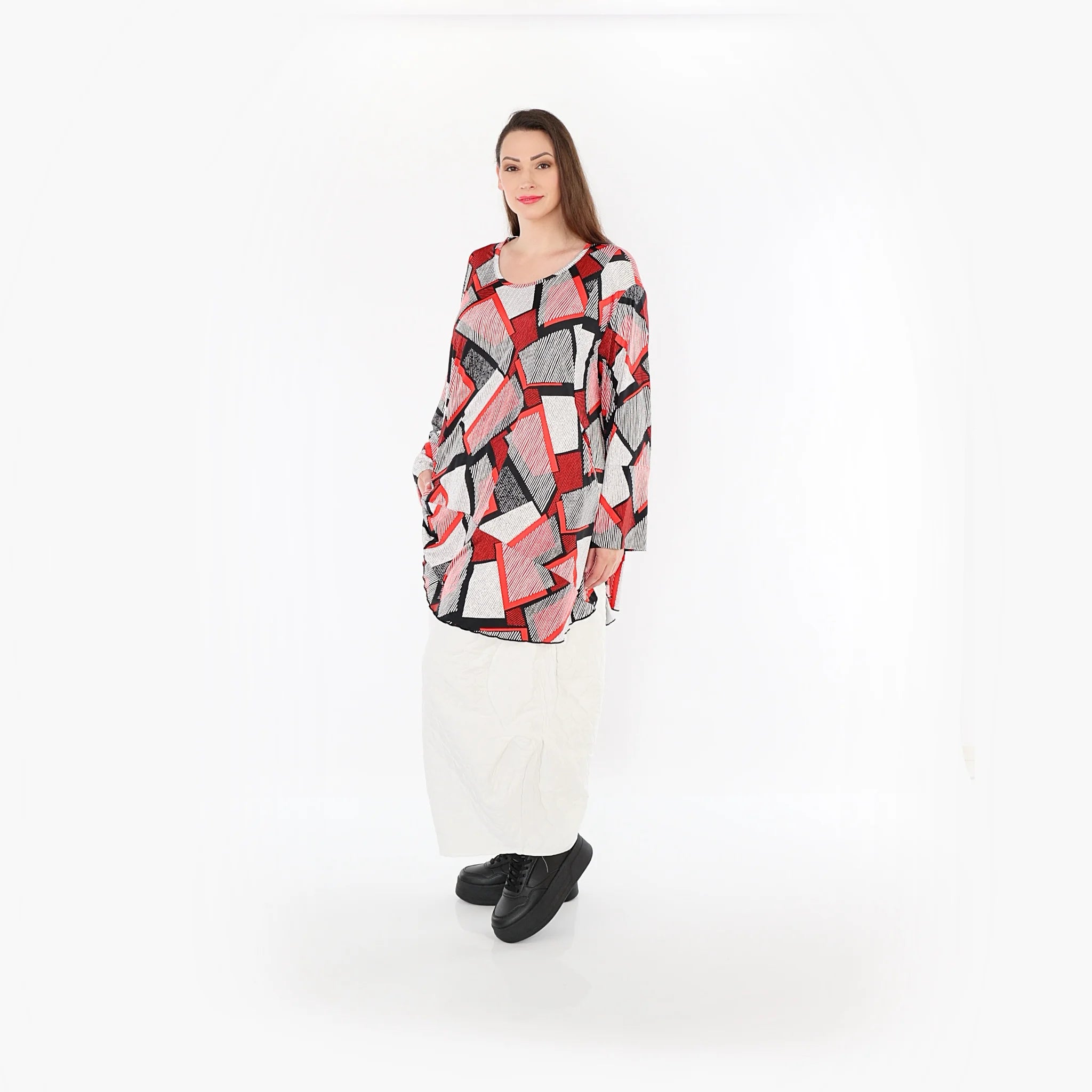  AKH Fashion Bigshirt in Glocken-Form, aus Materialmix, 1511.00592, Rot/Weiß/Schwarz, Schick