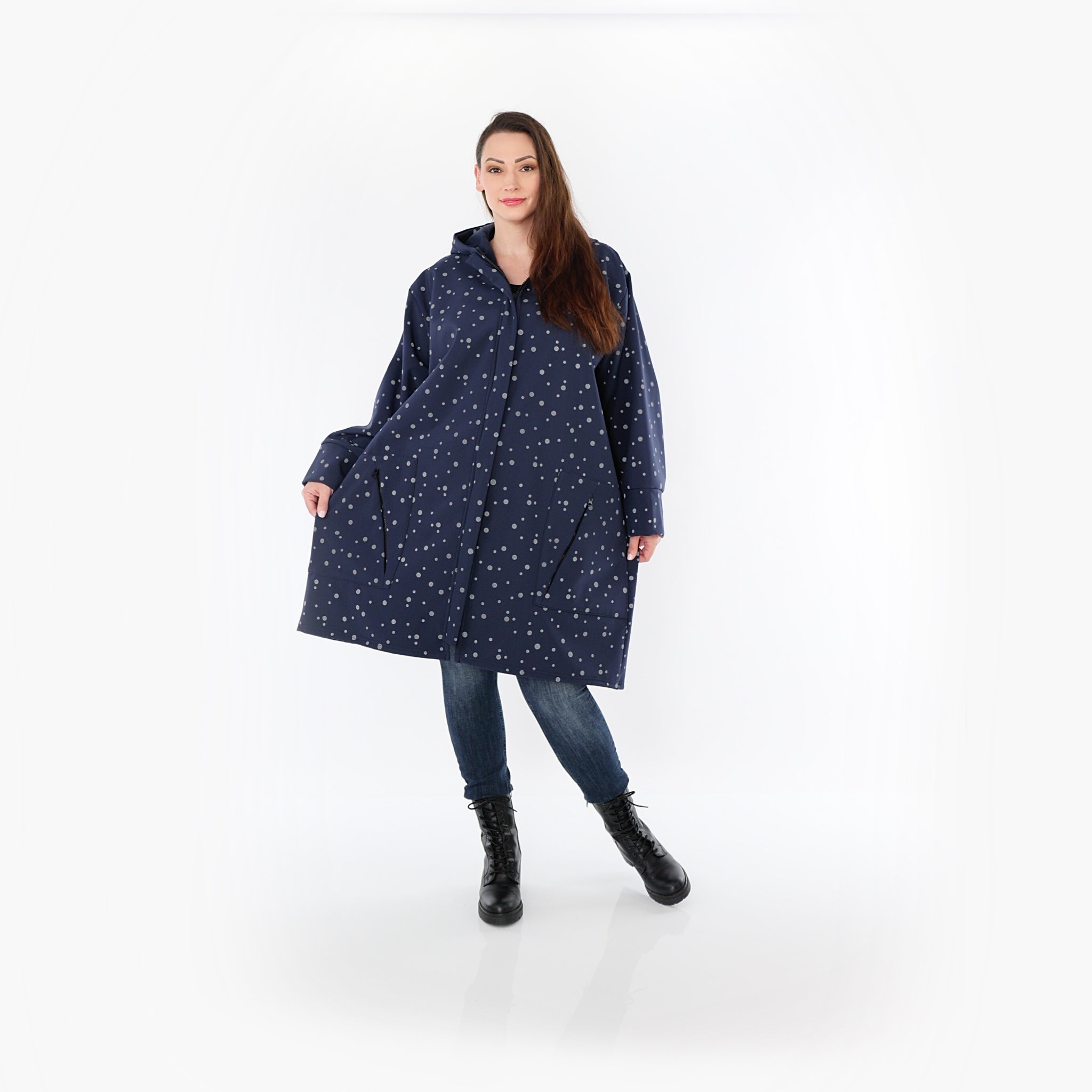  AKH Fashion Mantel in gerader Form, aus Polyester, 1512.07035, Marine/Grau, Punkte, Schick