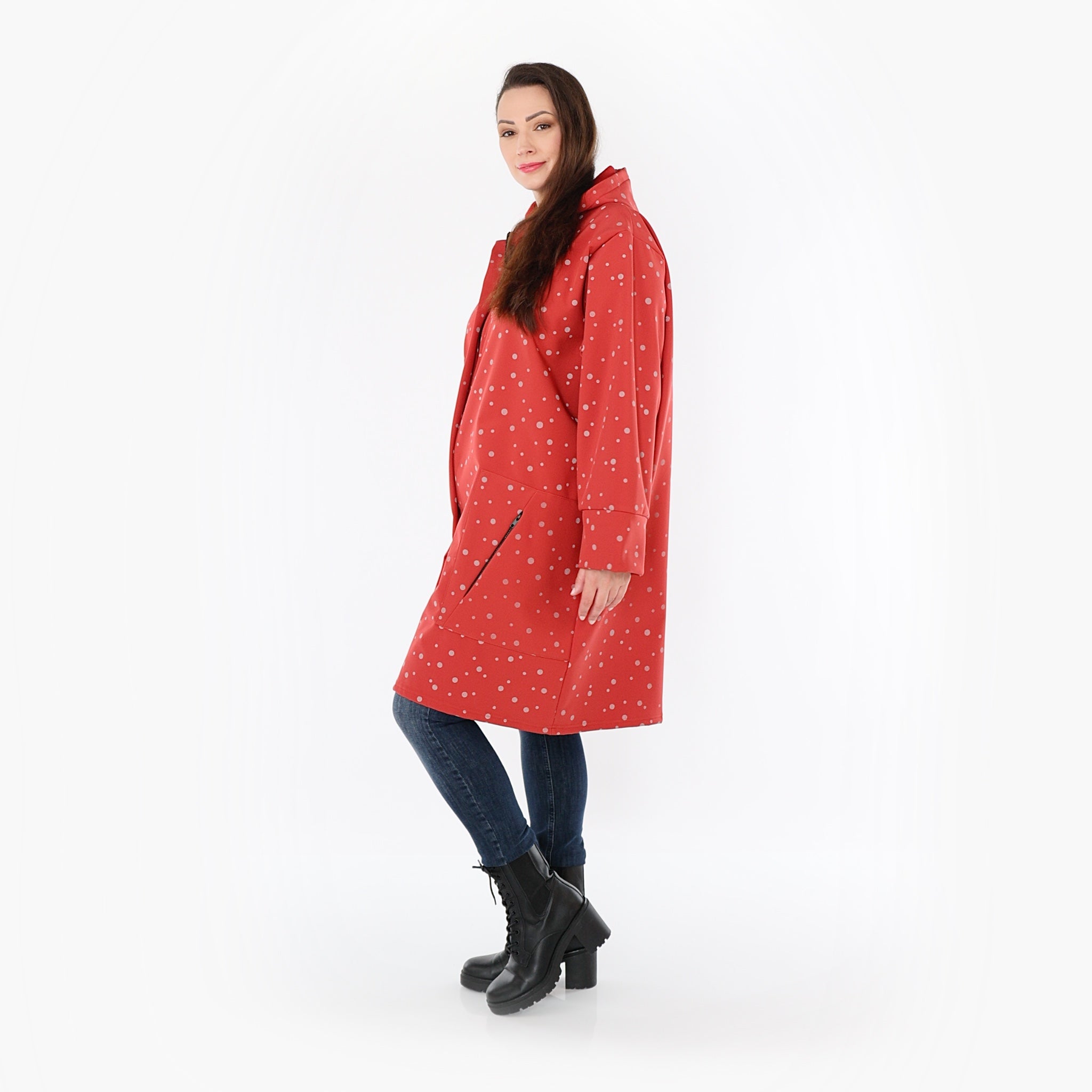  AKH Fashion Mantel in gerader Form, aus Polyester, 1512.07035, Rot/Grau, Punkte, Schick