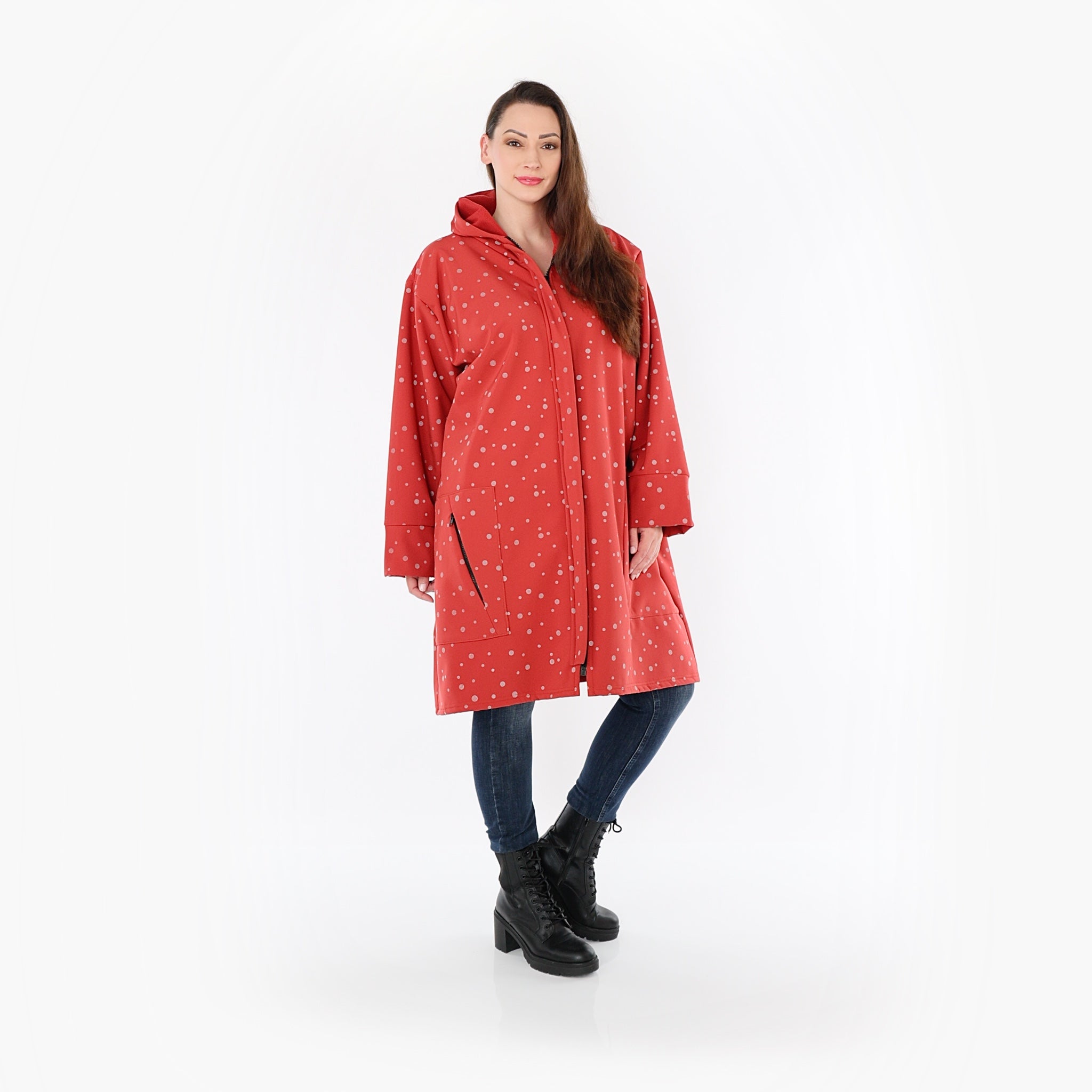  AKH Fashion Mantel in gerader Form, aus Polyester, 1512.07035, Rot/Grau, Punkte, Schick