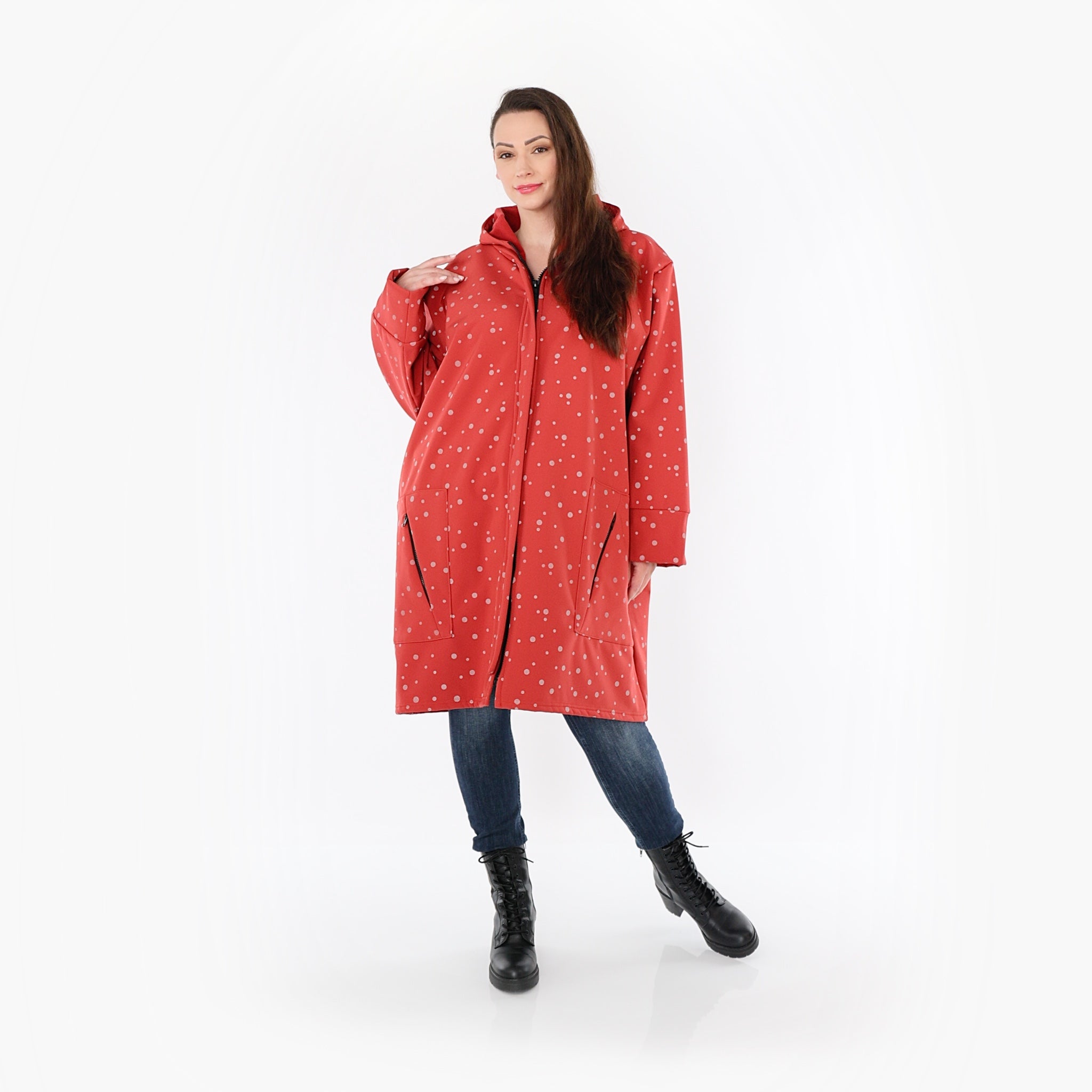  AKH Fashion Mantel in gerader Form, aus Polyester, 1512.07035, Rot/Grau, Punkte, Schick