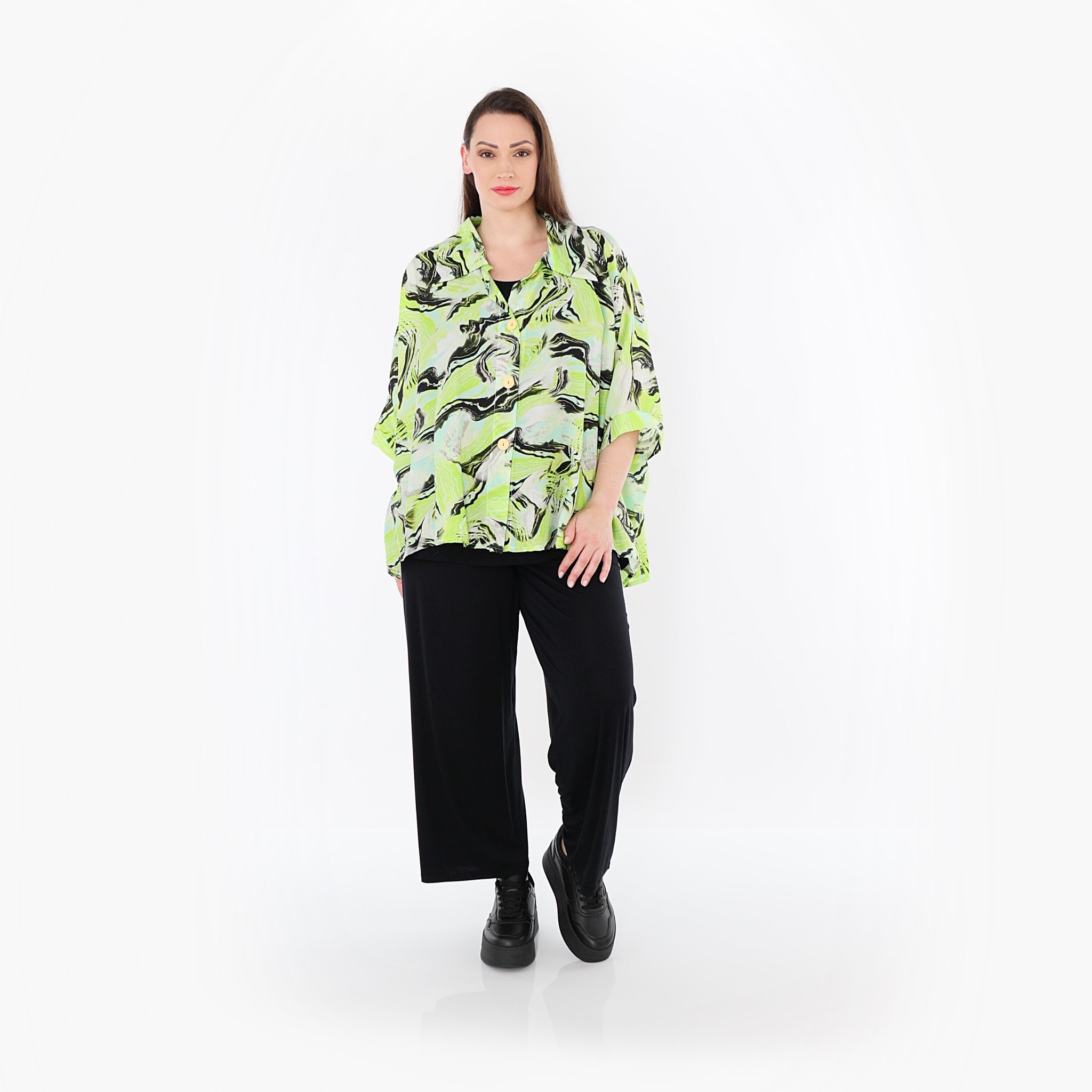  AKH Fashion Bluse in gerundeter Form, aus Rayon, 1510.07092, Grün/Türkis/Schwarz, Wellen