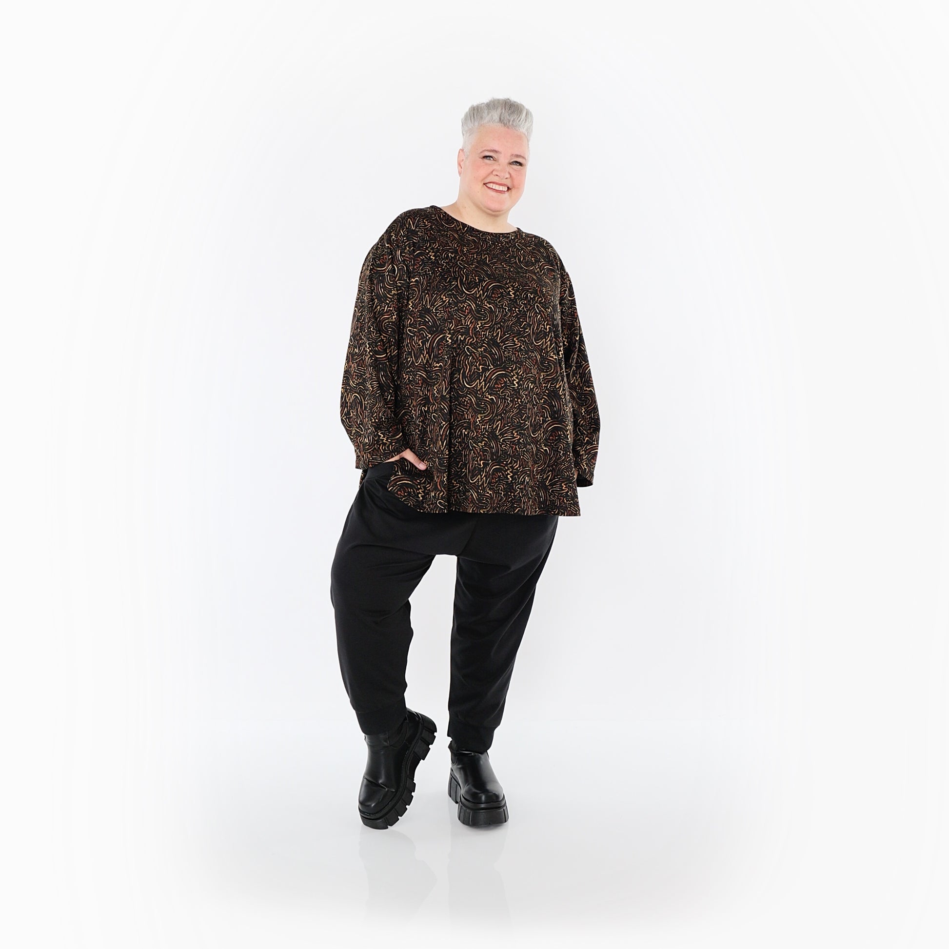  AKH Fashion Bigshirt in gerundeter Form, aus Materialmix, 1516.06815, Cognac