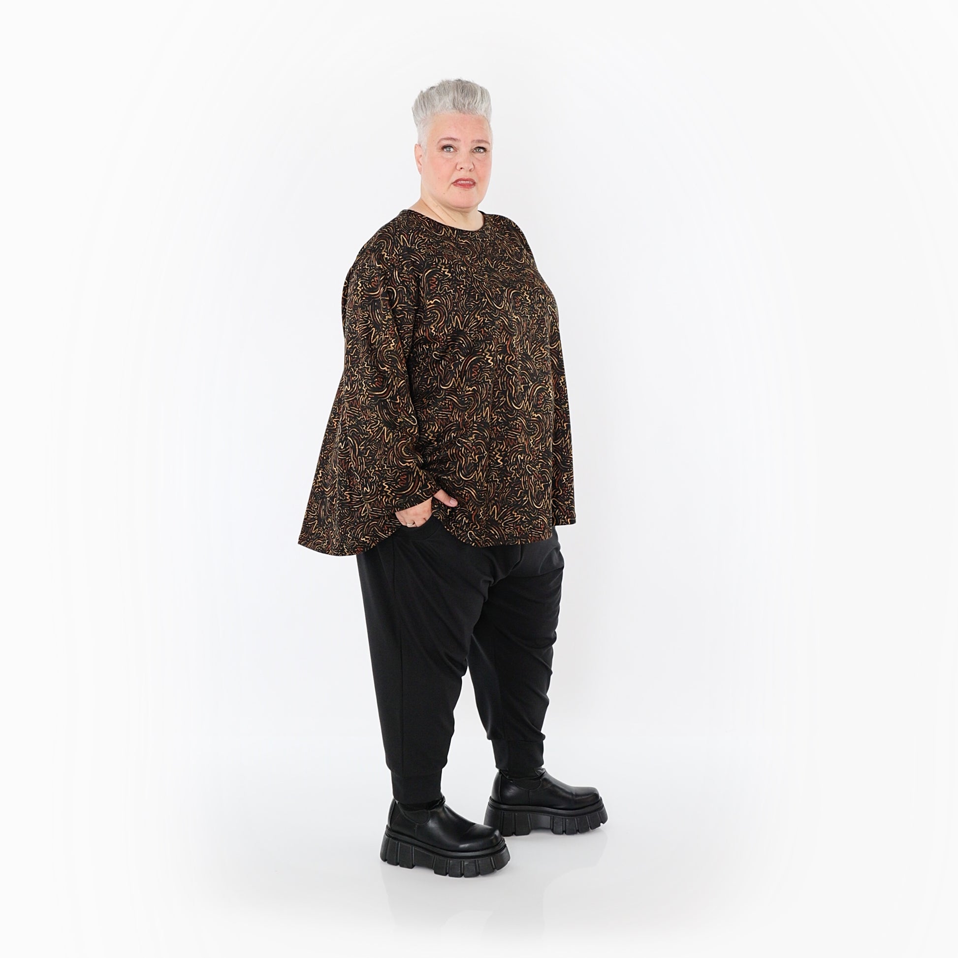  AKH Fashion Bigshirt in gerundeter Form, aus Materialmix, 1516.06815, Cognac