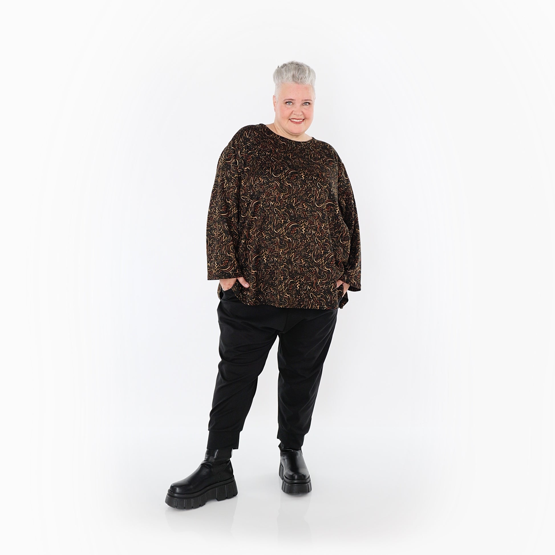  AKH Fashion Bigshirt in gerundeter Form, aus Materialmix, 1516.06815, Cognac
