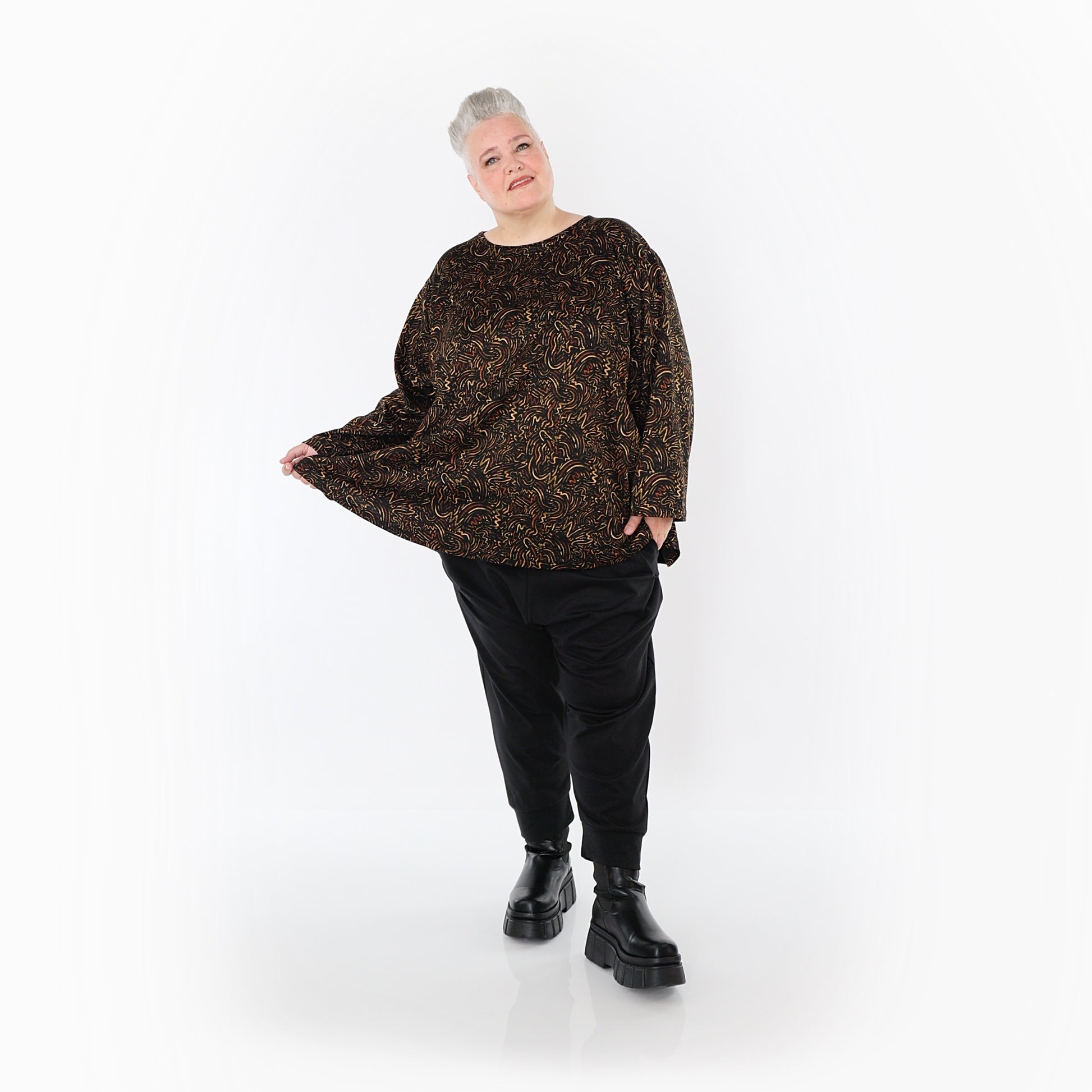 AKH Fashion Bigshirt in gerundeter Form, aus Materialmix, 1516.06815, Cognac
