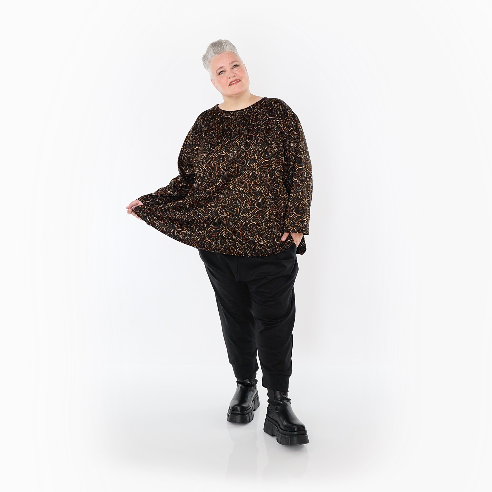  AKH Fashion Bigshirt in gerundeter Form, aus Materialmix, 1516.06815, Cognac
