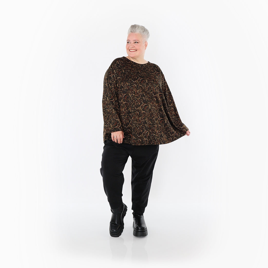  AKH Fashion Bigshirt in gerundeter Form, aus Materialmix, 1516.06815, Cognac