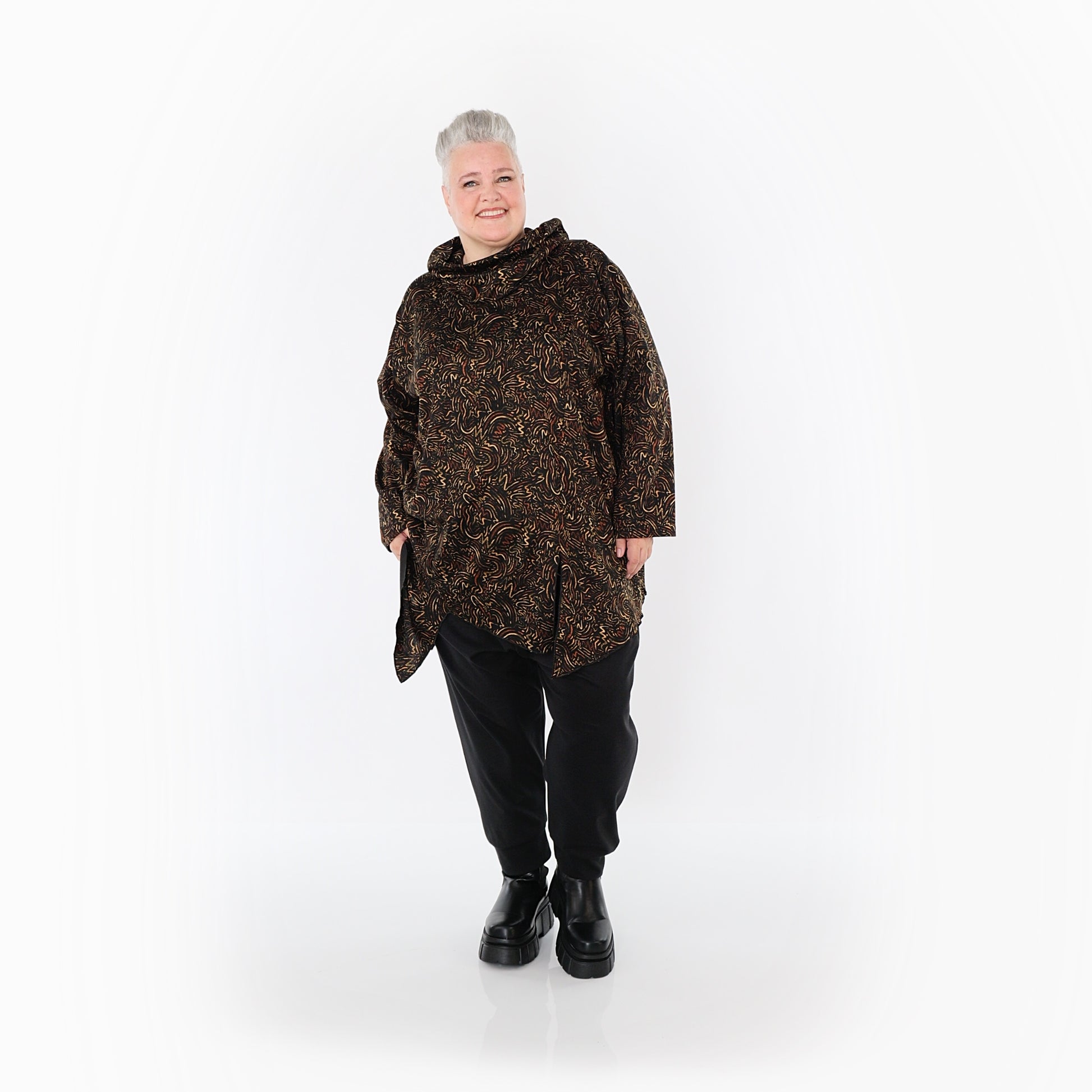  AKH Fashion Bigshirt in asymmetrischer Form, aus Materialmix, 1516.06061, Cognac