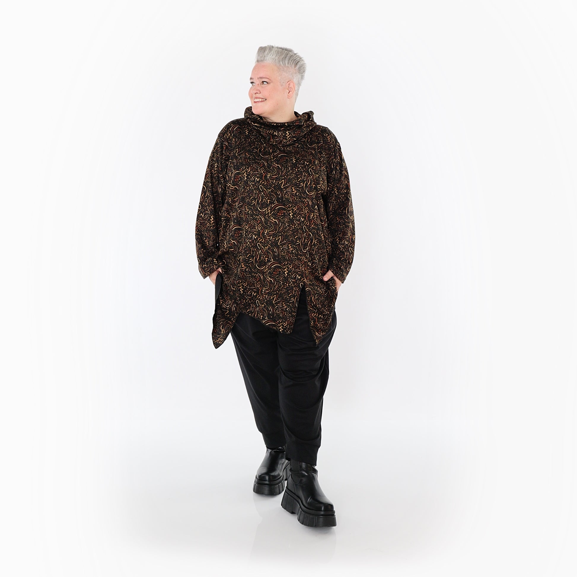  AKH Fashion Bigshirt in asymmetrischer Form, aus Materialmix, 1516.06061, Cognac