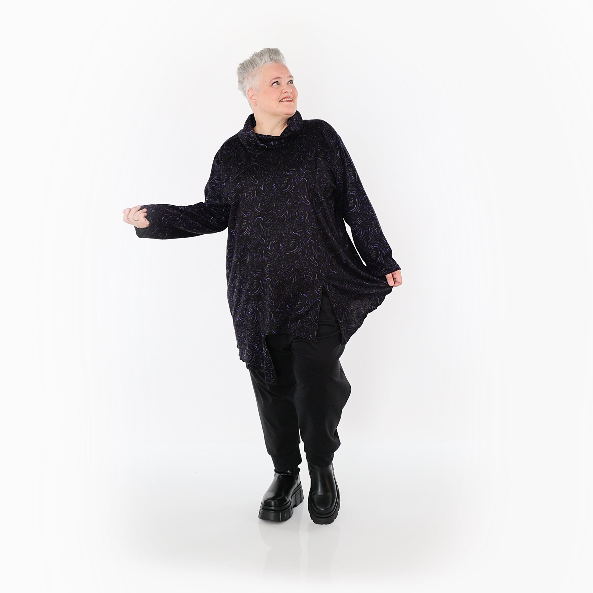  AKH Fashion Bigshirt in asymmetrischer Form, aus Materialmix, 1516.06061, Violett