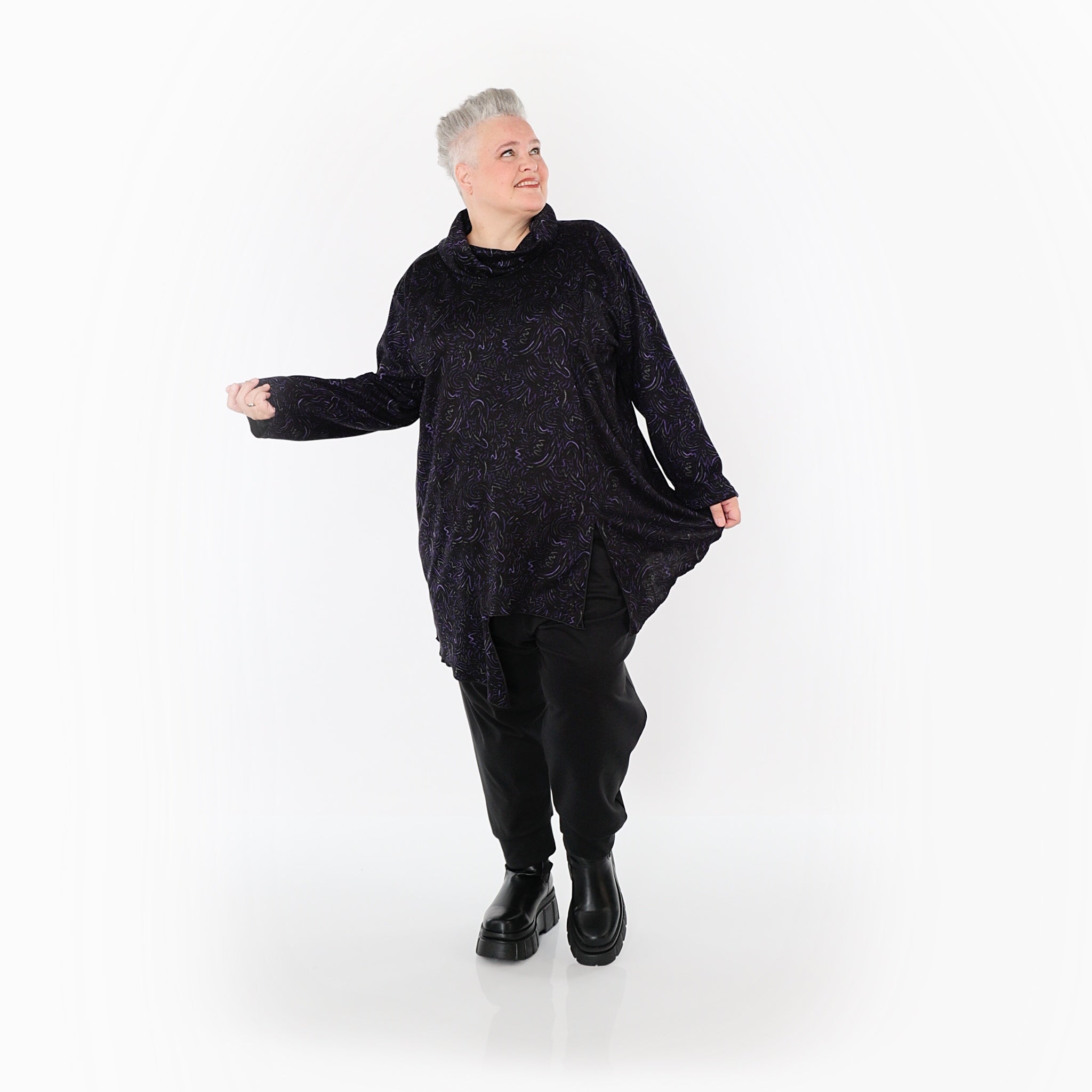  AKH Fashion Bigshirt in asymmetrischer Form, aus Materialmix, 1516.06061, Violett
