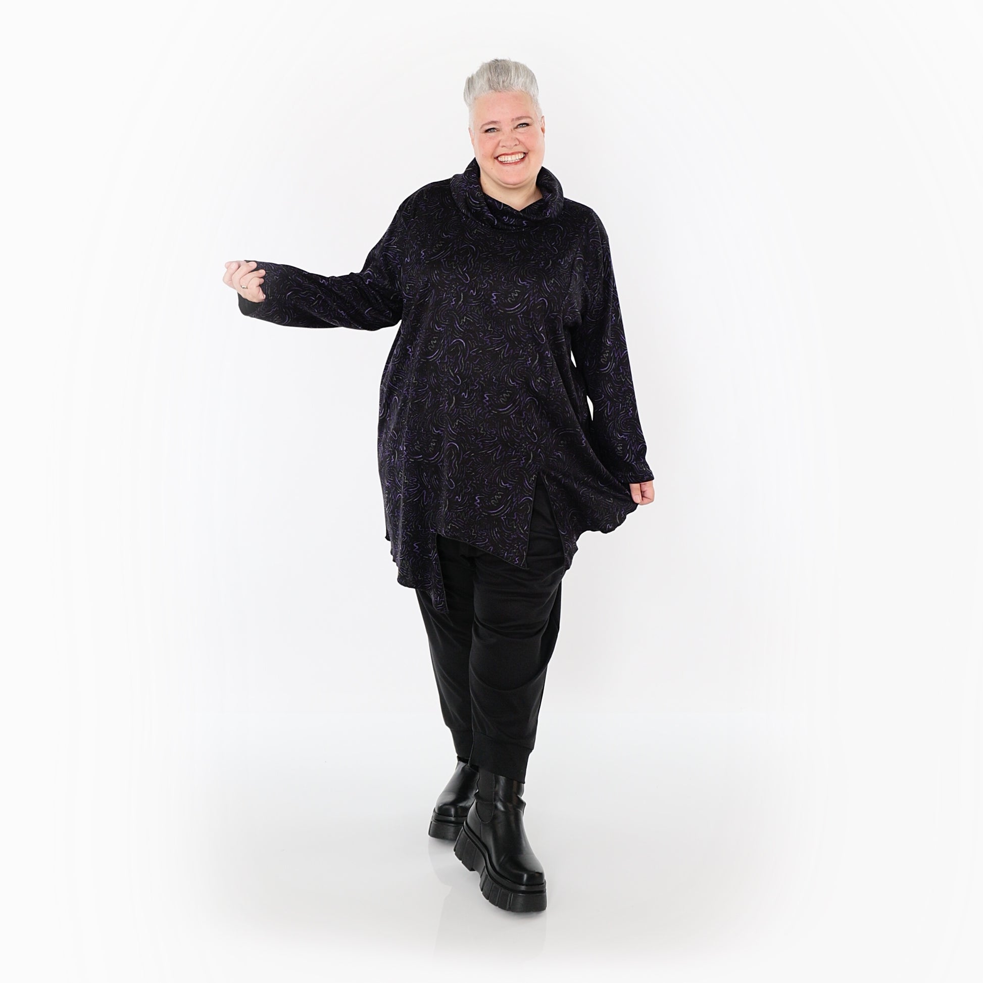  AKH Fashion Bigshirt in asymmetrischer Form, aus Materialmix, 1516.06061, Violett