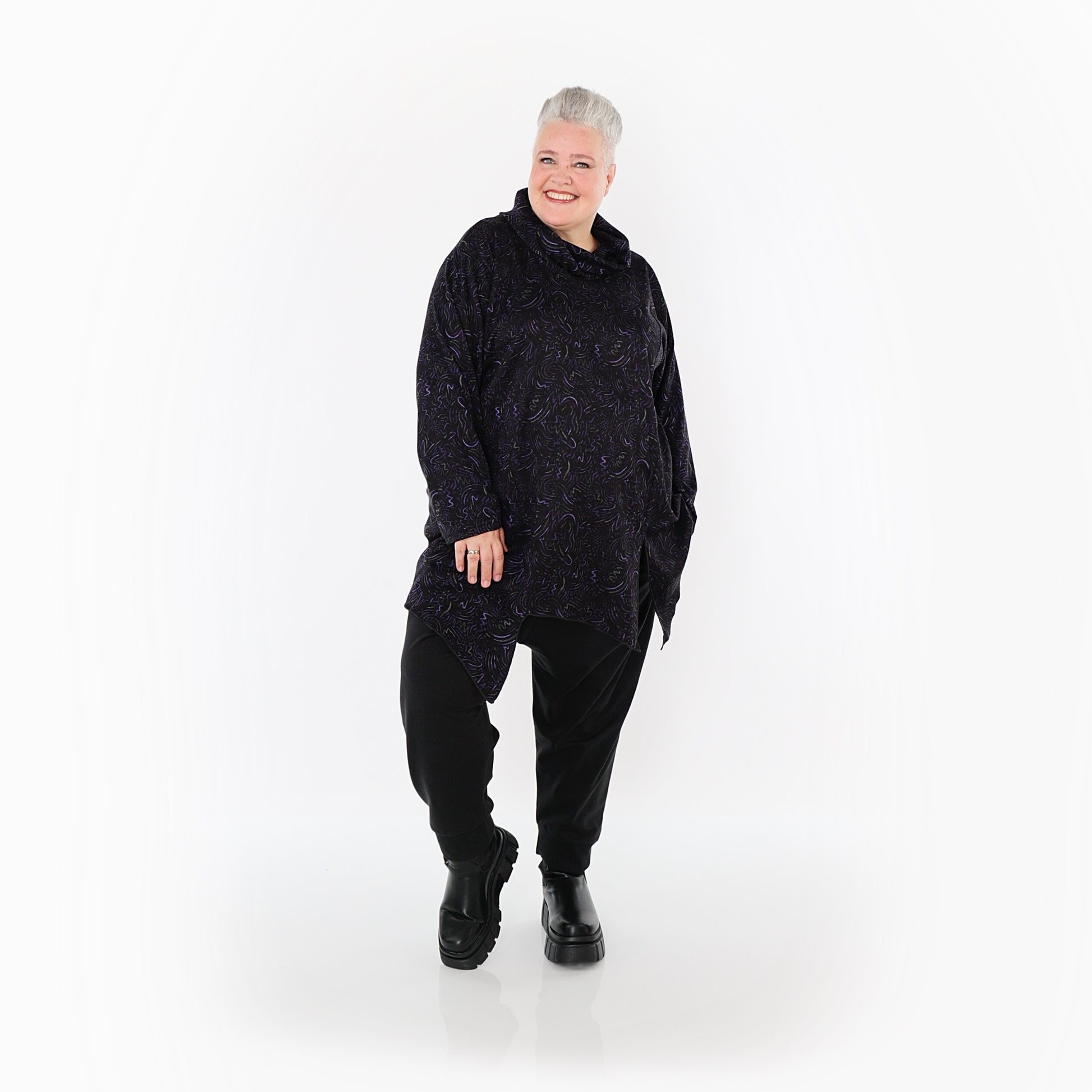  AKH Fashion Bigshirt in asymmetrischer Form, aus Materialmix, 1516.06061, Violett