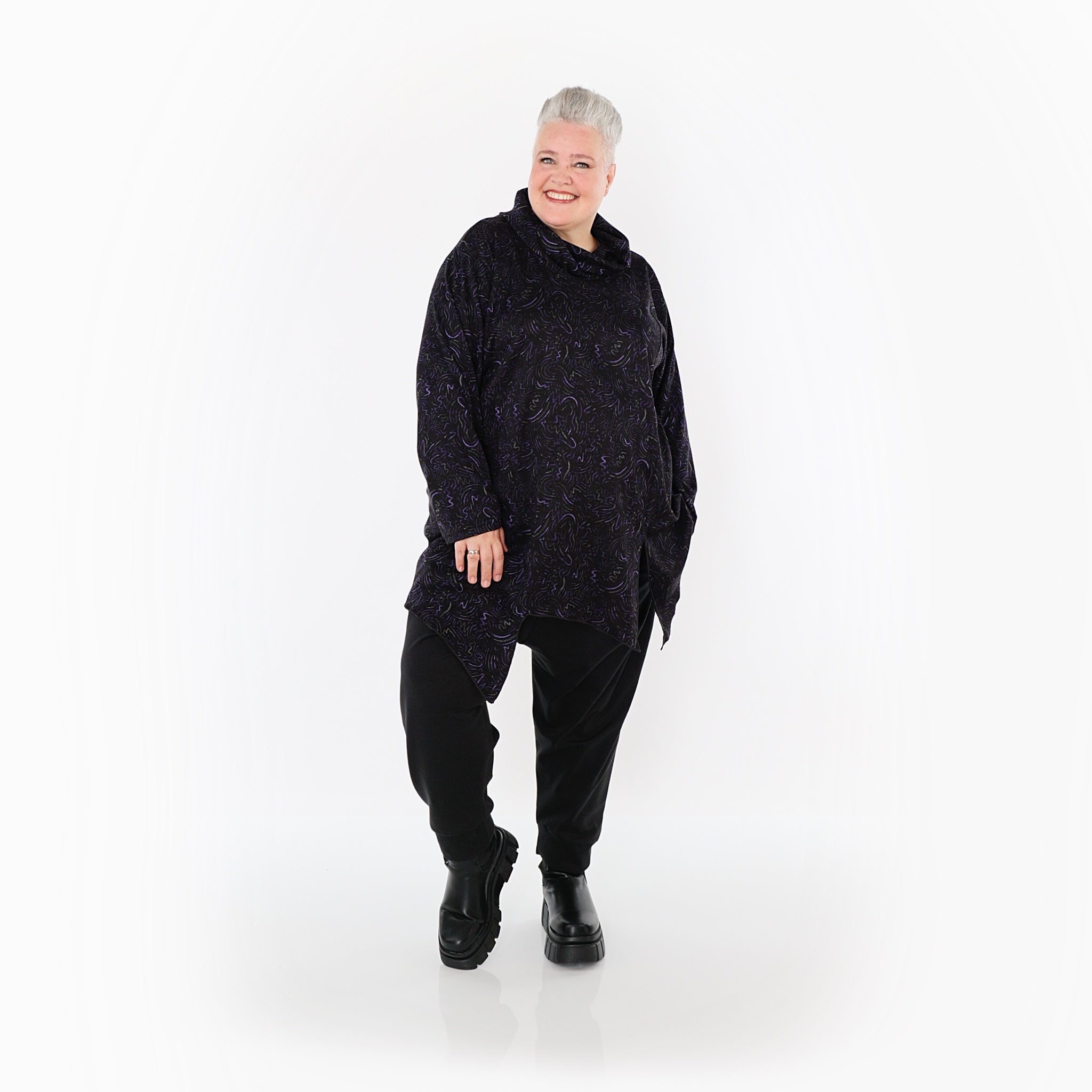  AKH Fashion Bigshirt in asymmetrischer Form, aus Materialmix, 1516.06061, Violett