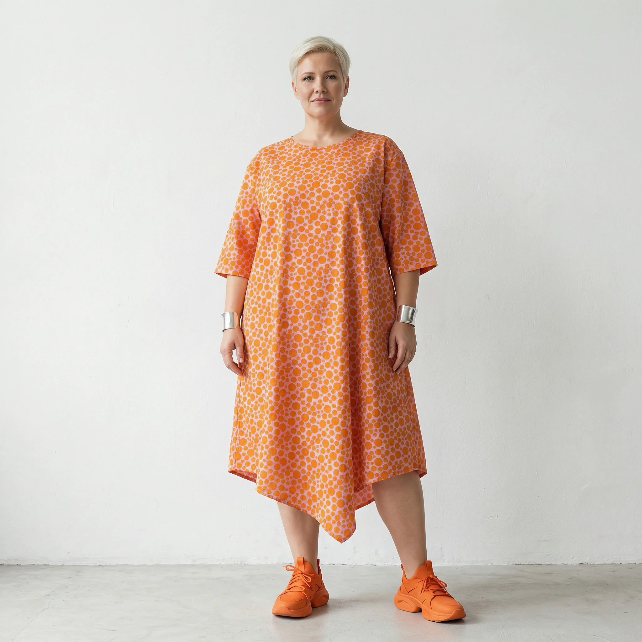Luftiges Ballonkleid im Lagenlook mit ausgefallenem Punkte Muster und feinem Popeline, Rosa/Orange