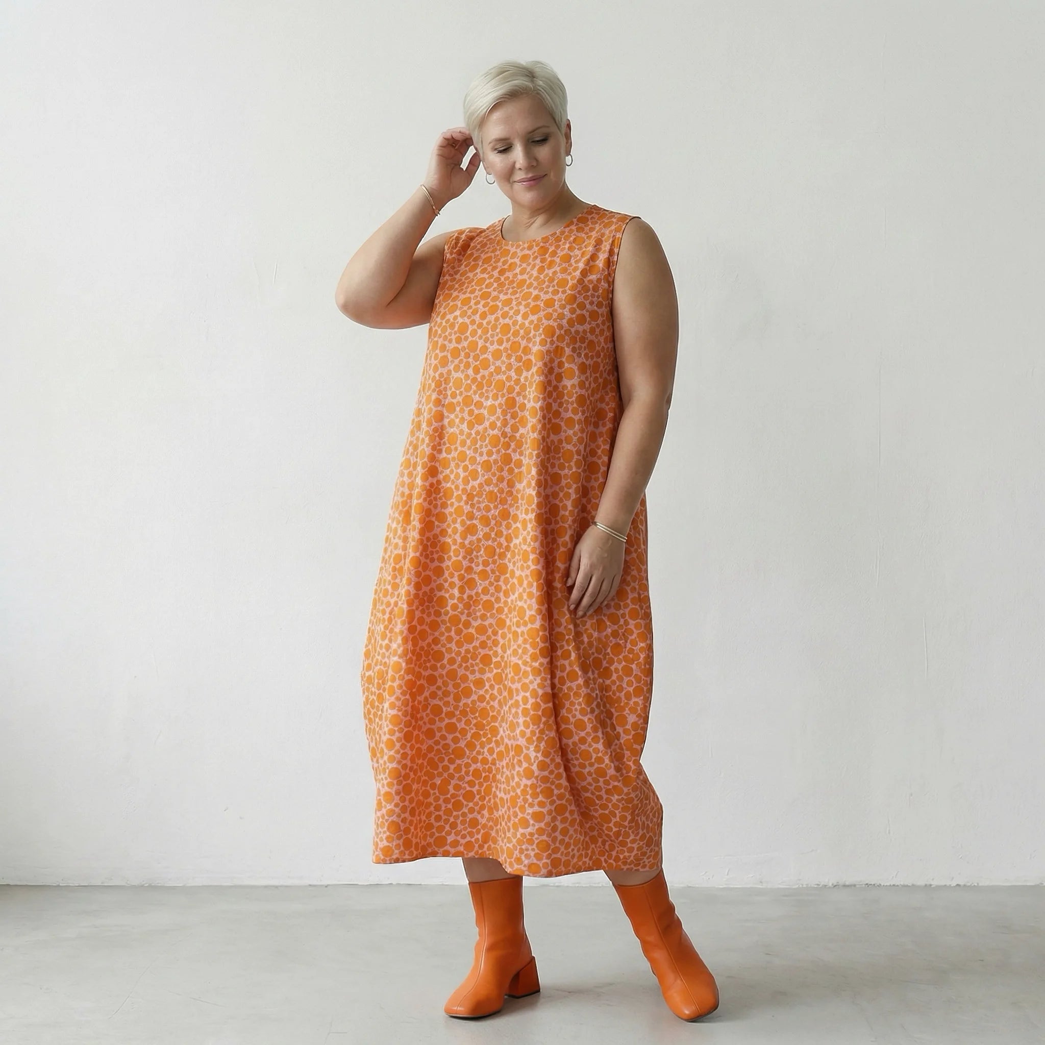 Luftiges Ballonkleid im Lagenlook mit ausgefallenem Punkte Muster und feinem Popeline, Rosa/Orange