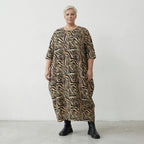 Luftiges Ballon Kleid im modernen Lagenlook aus feiner Popeline mit ausgefallenem Zebra Muster, Beige/Schwarz/Fuchsia
