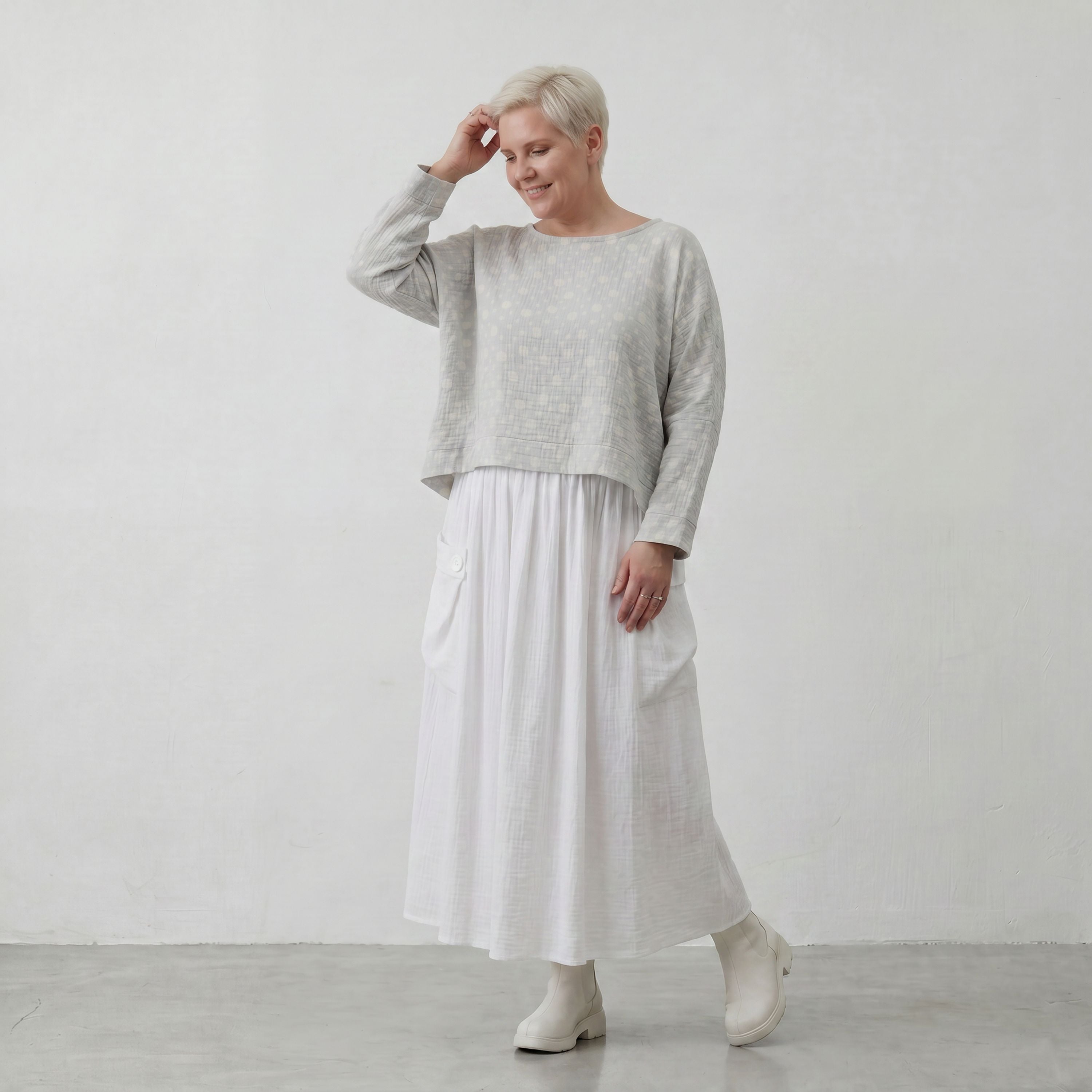 Leichter Baumwollüberwurf Hellblau/Ecru im Oversize Lagenlook zeitlos leger luftig weich