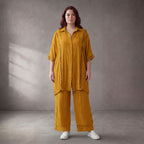 Gelb fliessend Viskosebluse im Lagenlook Oversize leger mit Streifen Lochstruktur luftig