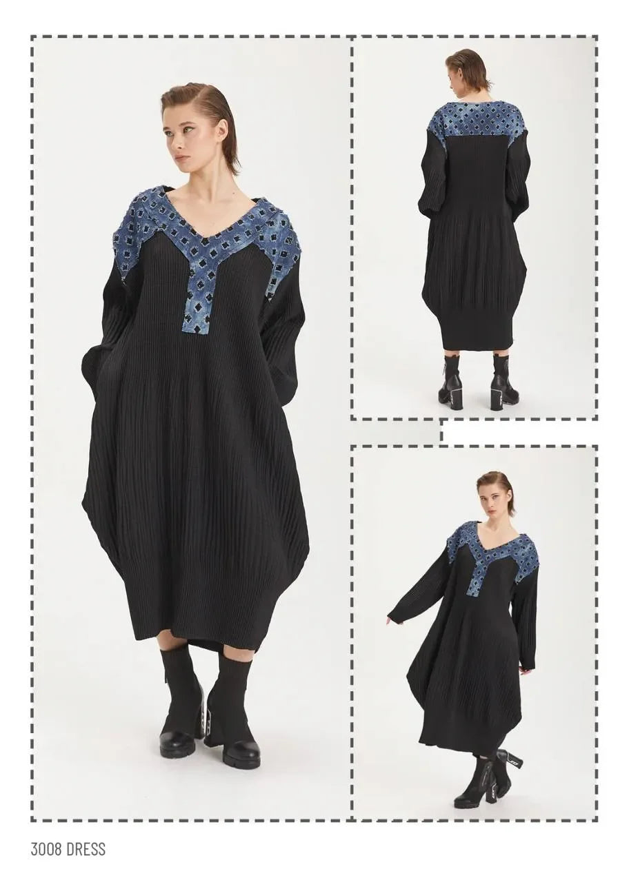  Ballonkleid von H4 Fashion aus Materialmix, 3008, Schwarz, Kariert, Ausgefallen, Zeitlos