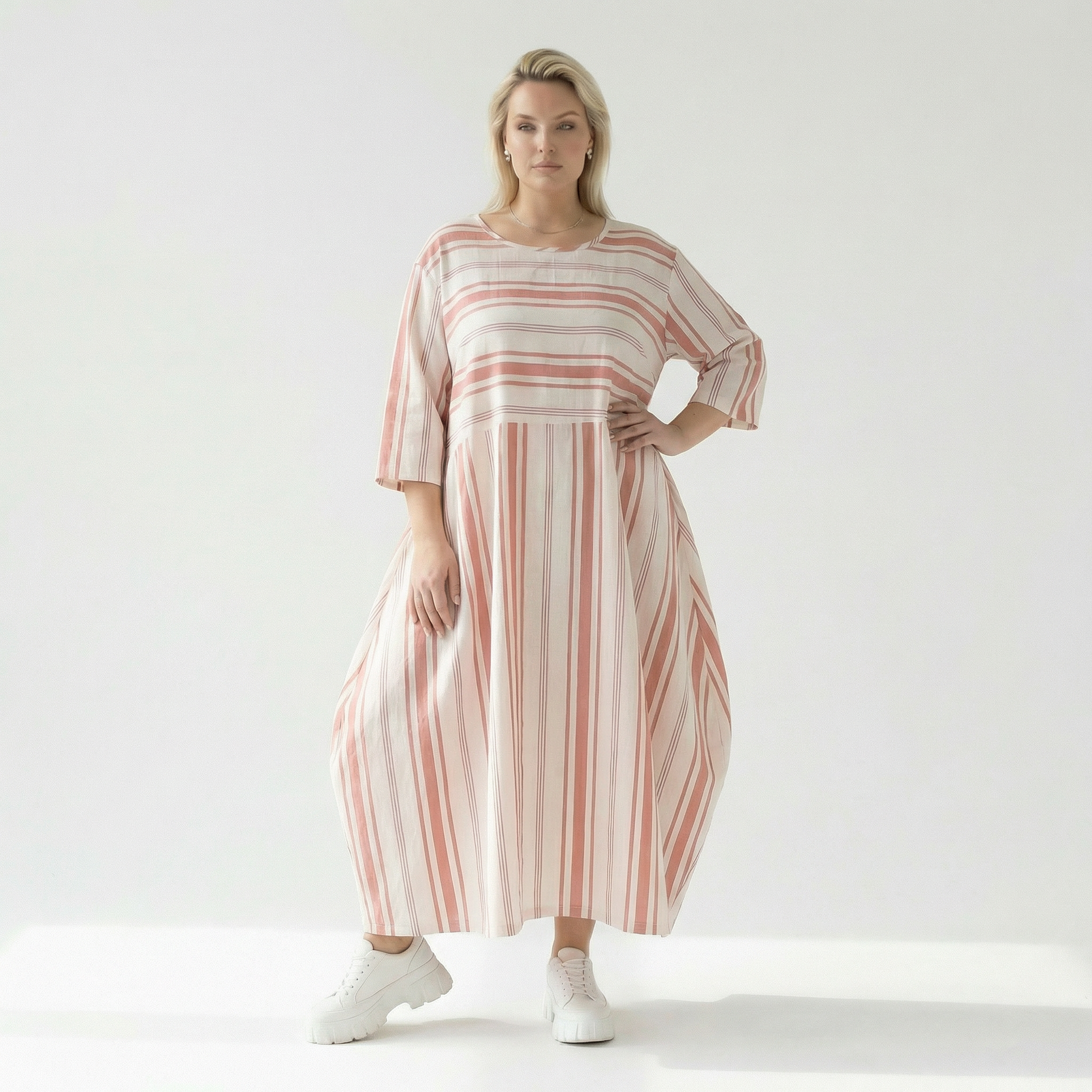  Ballonkleid von AKH Fashion aus Baumwolle, 1420.01926, Weiß/Apricot, Blockstreifen, Schick