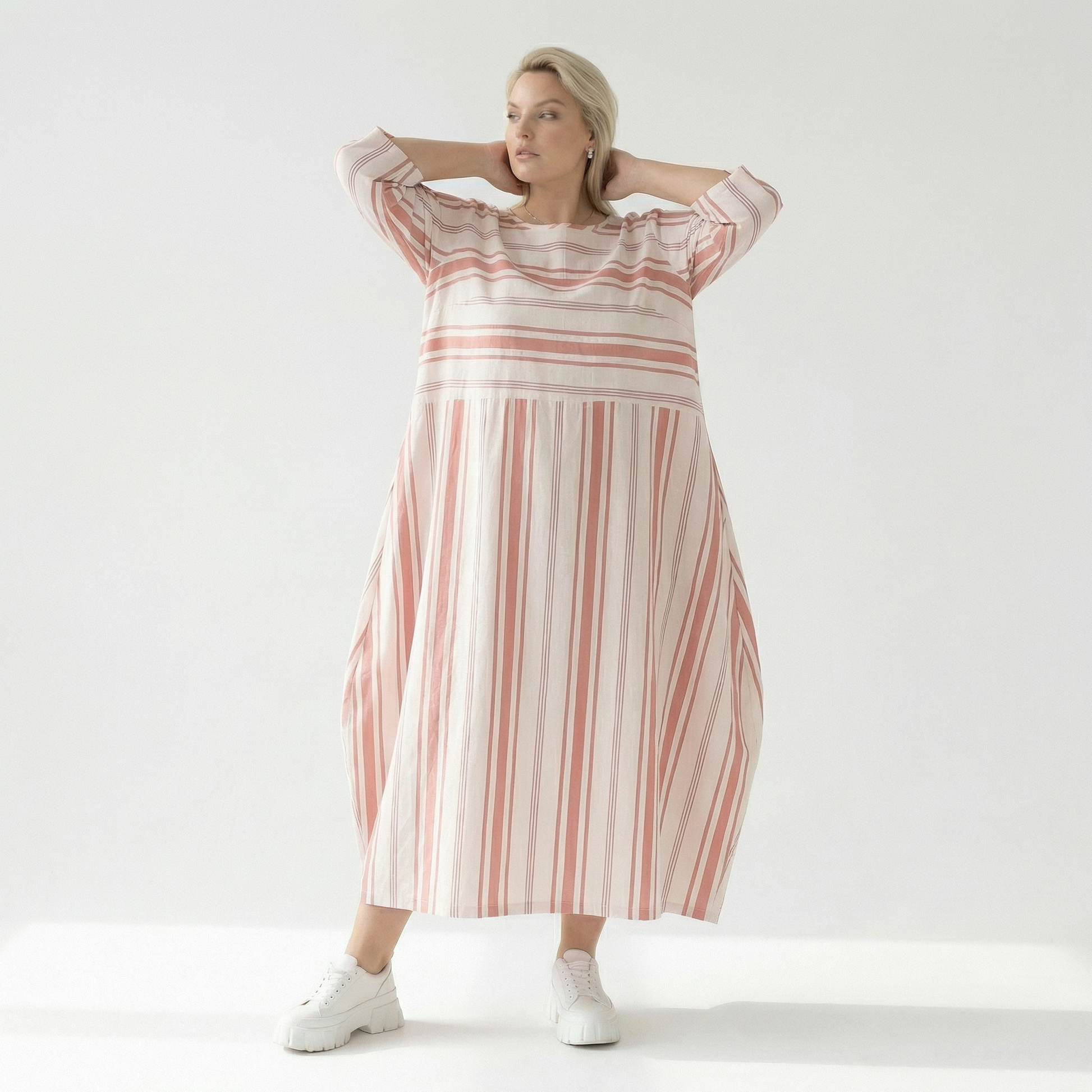  Ballonkleid von AKH Fashion aus Baumwolle, 1420.01926, Weiß/Apricot, Blockstreifen, Schick