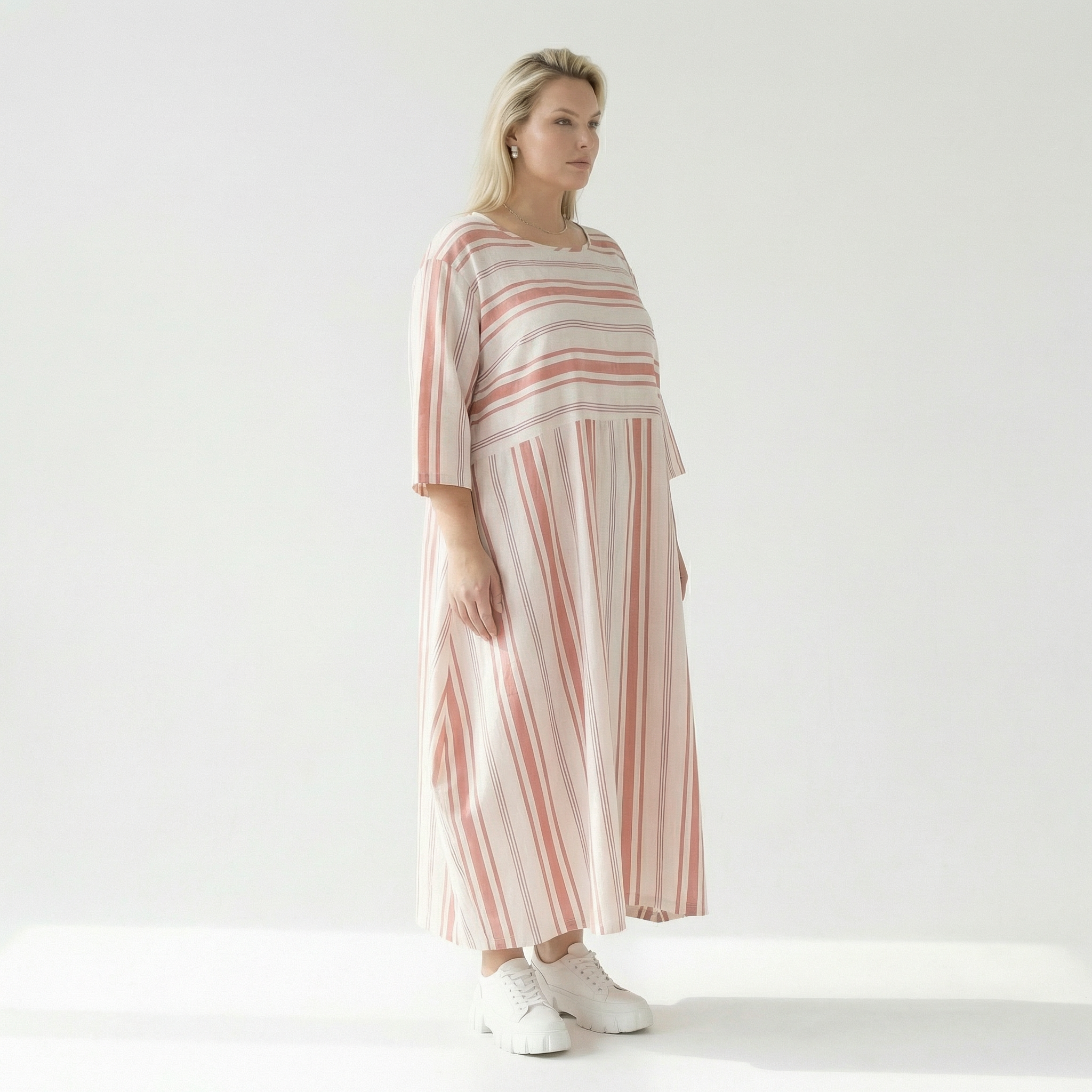  Ballonkleid von AKH Fashion aus Baumwolle, 1420.01926, Weiß/Apricot, Blockstreifen, Schick