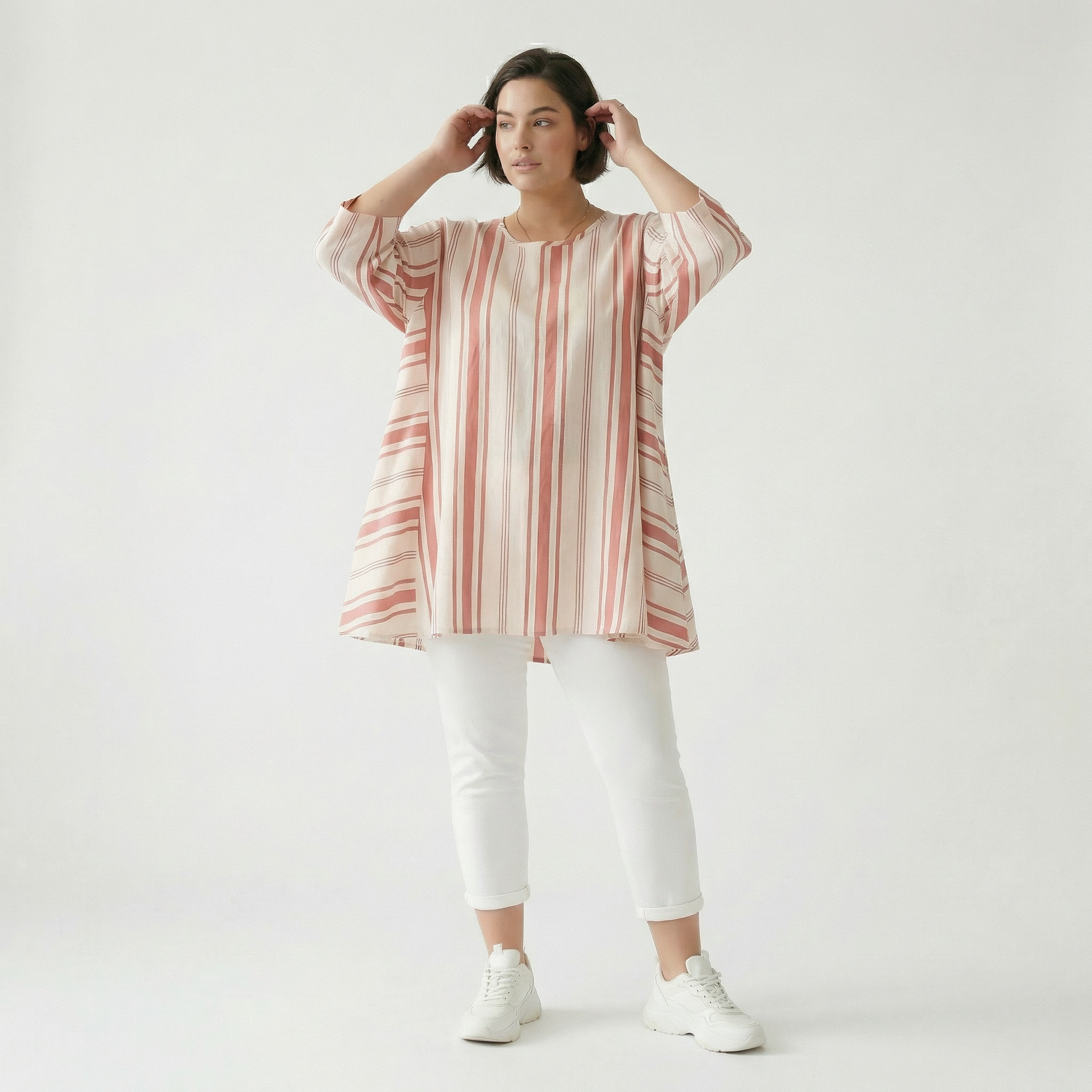  A-Form Bigshirt von AKH Fashion aus Baumwolle, 1420.00593, Weiß/Apricot, Blockstreifen