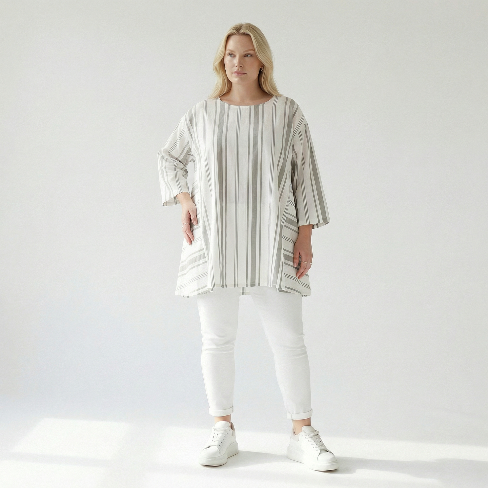  A-Form Bigshirt von AKH Fashion aus Baumwolle, 1420.00593, Weiß/Kiwi, Blockstreifen, Schick