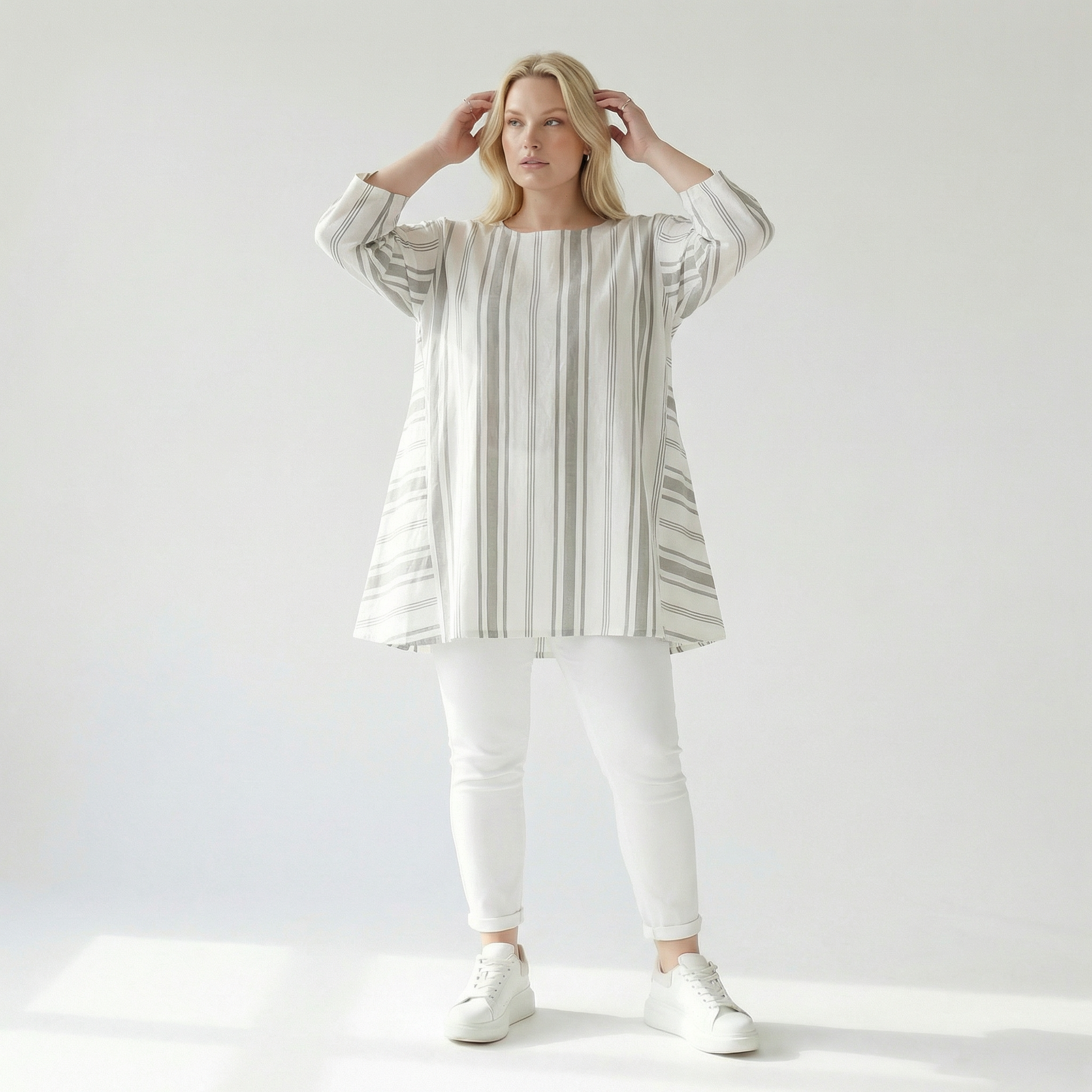  A-Form Bigshirt von AKH Fashion aus Baumwolle, 1420.00593, Weiß/Kiwi, Blockstreifen, Schick