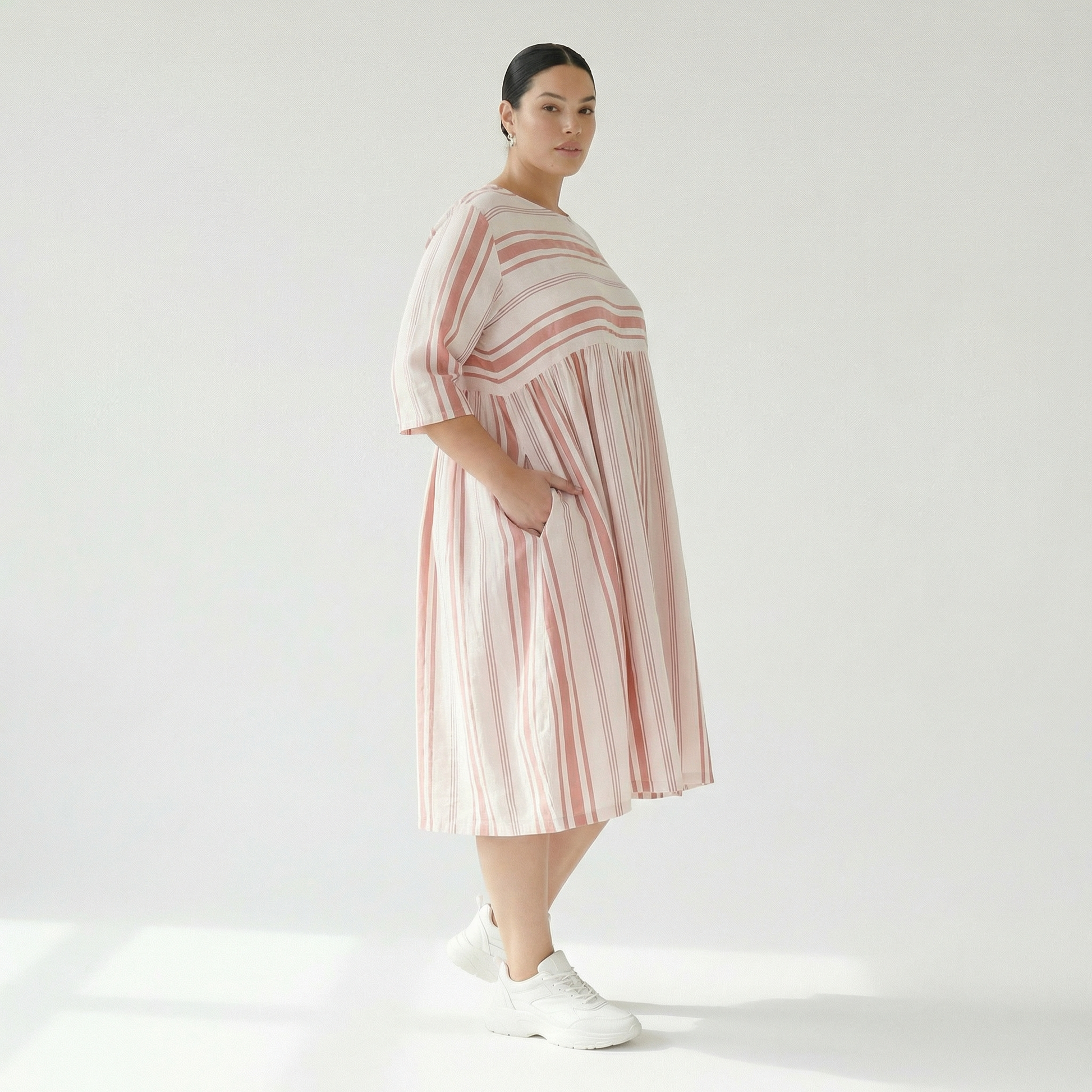  Ballonkleid von AKH Fashion aus Baumwolle, 1420.06698, Weiß/Apricot, Blockstreifen, Schick