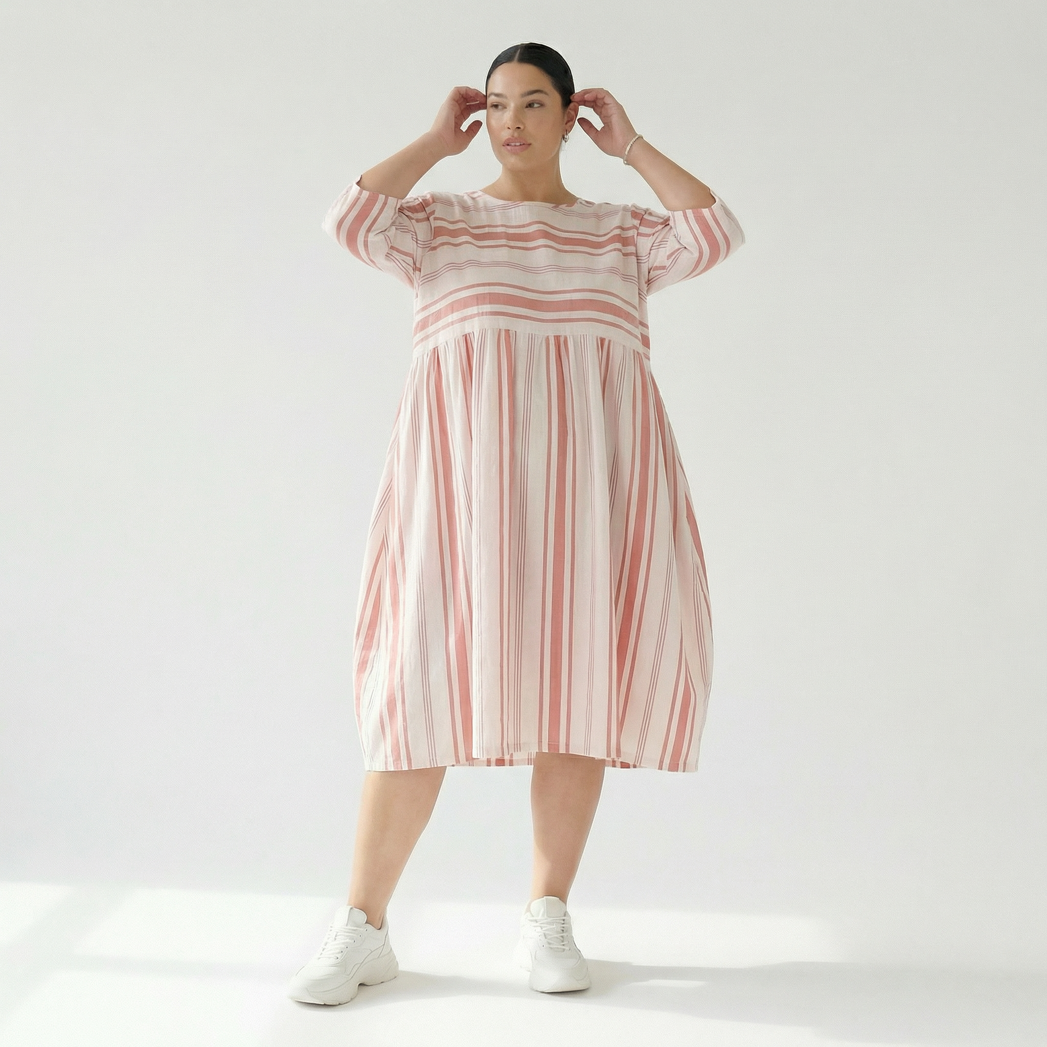  Ballonkleid von AKH Fashion aus Baumwolle, 1420.06698, Weiß/Apricot, Blockstreifen, Schick