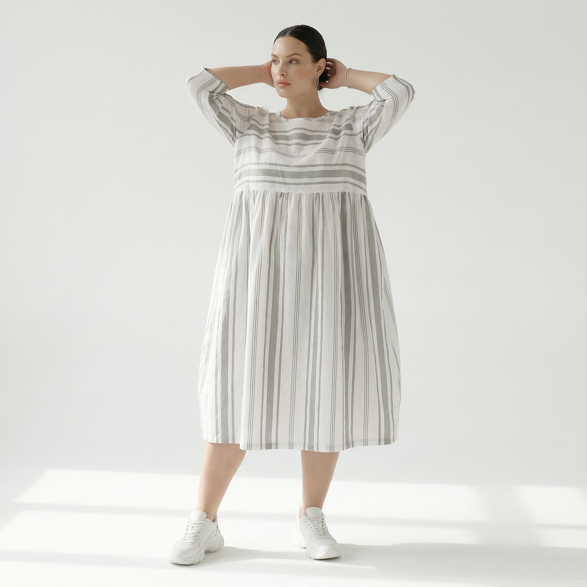  Ballonkleid von AKH Fashion aus Baumwolle, 1420.06698, Weiß/Kiwi, Blockstreifen, Schick