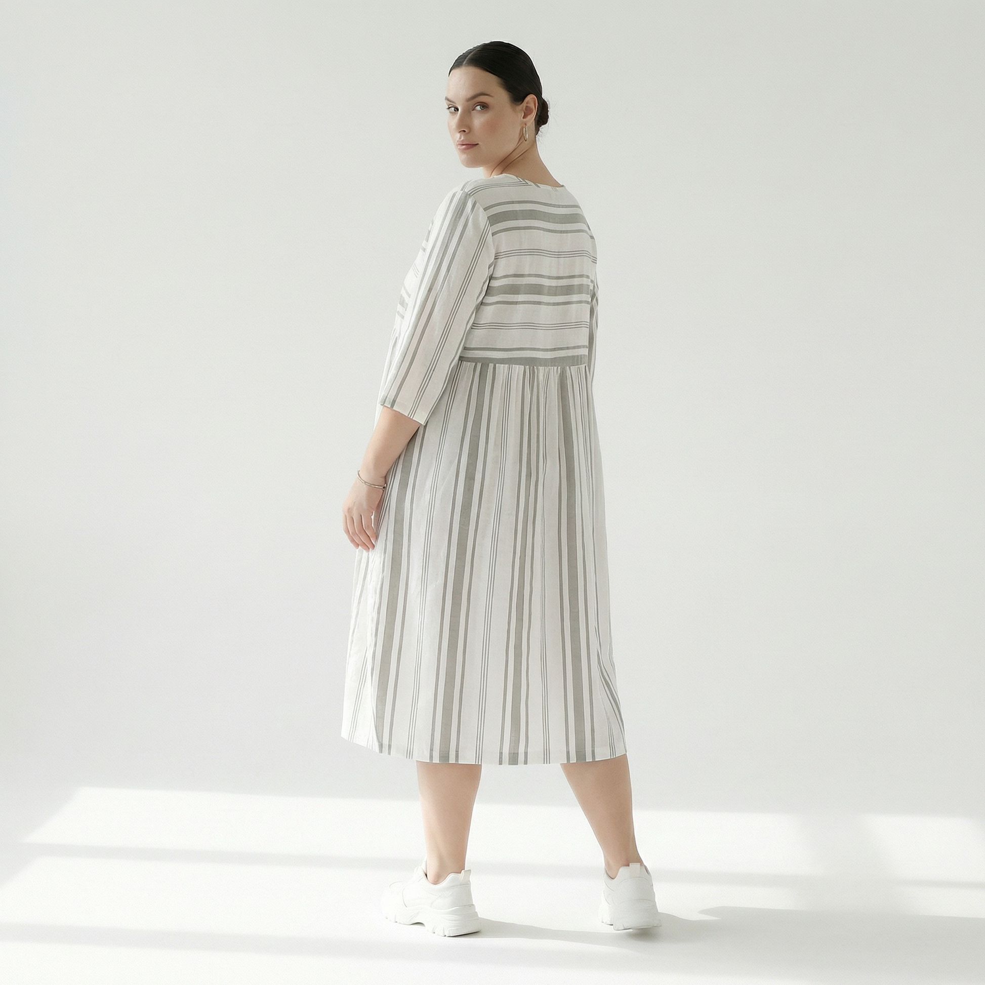  Ballonkleid von AKH Fashion aus Baumwolle, 1420.06698, Weiß/Kiwi, Blockstreifen, Schick