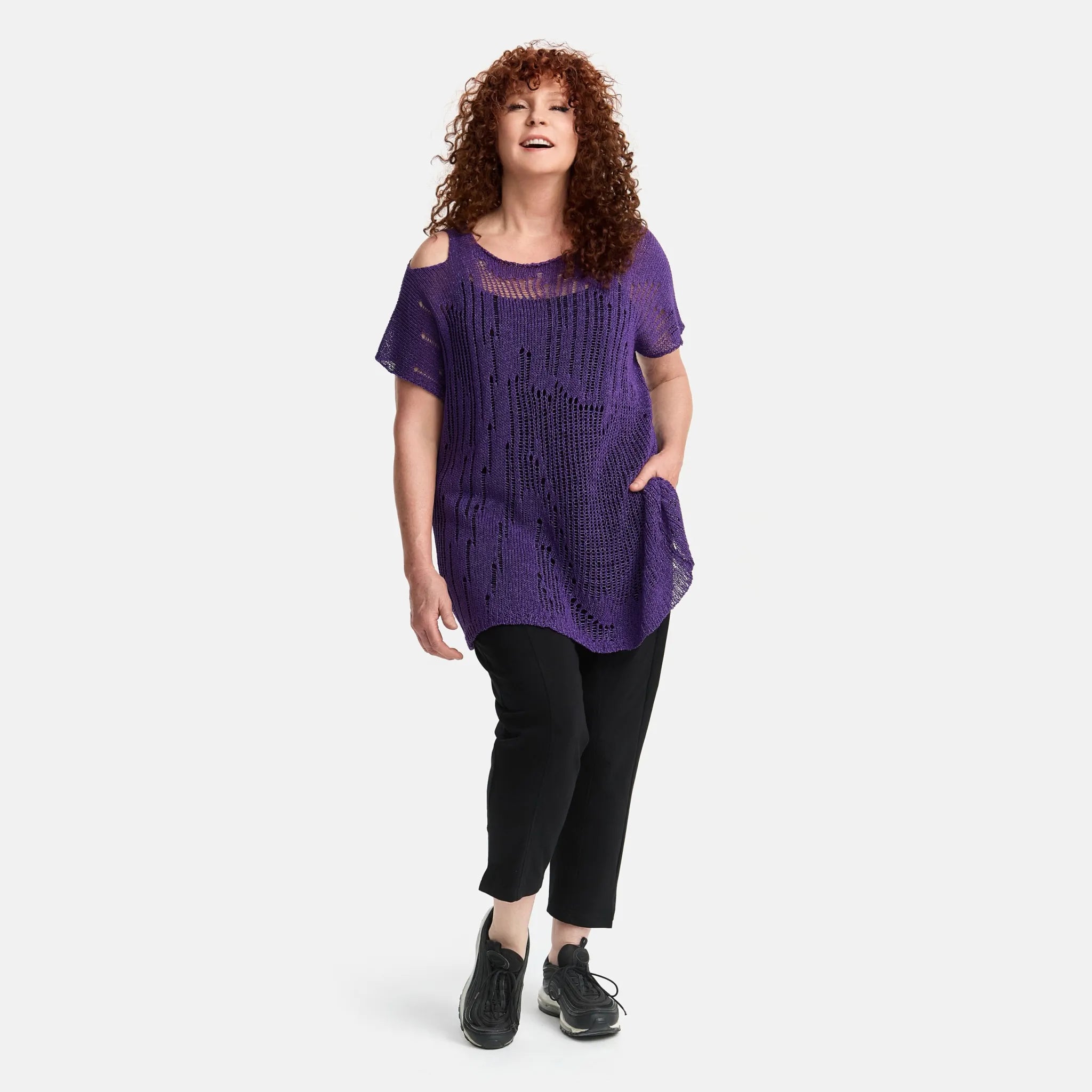  Amandine Pullover in kastiger Form, aus Baumwolle, A2807, Violett, Schick, Modern, Bequem