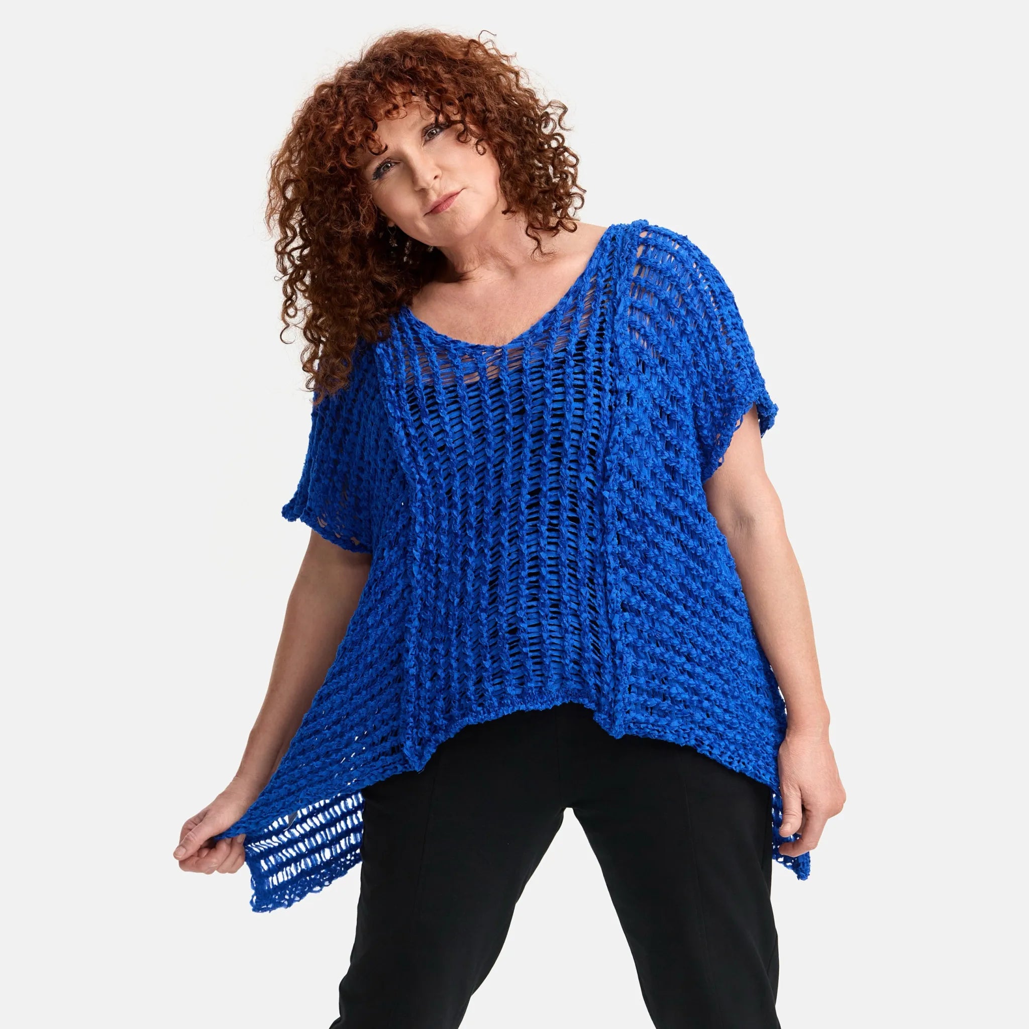  Amandine Pullover in kastiger Form, aus Baumwolle, A2809, Kobaltblau, Schick, Modern