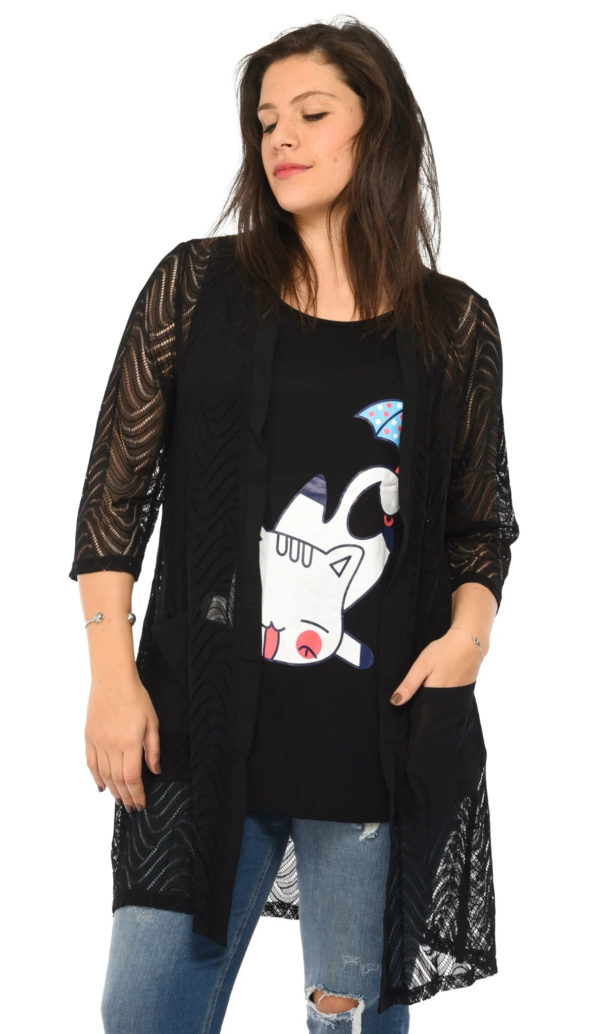  Pomme Rouge Top in gerader Form, aus Viskose, A765, Schwarz-Multi, Muster, Schick, Modern
