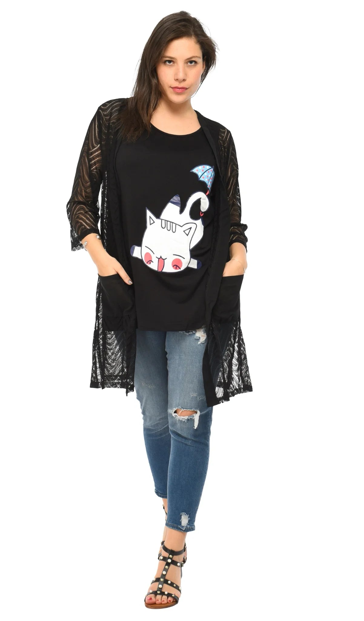  Pomme Rouge Top in gerader Form, aus Viskose, A765, Schwarz-Multi, Muster, Schick, Modern
