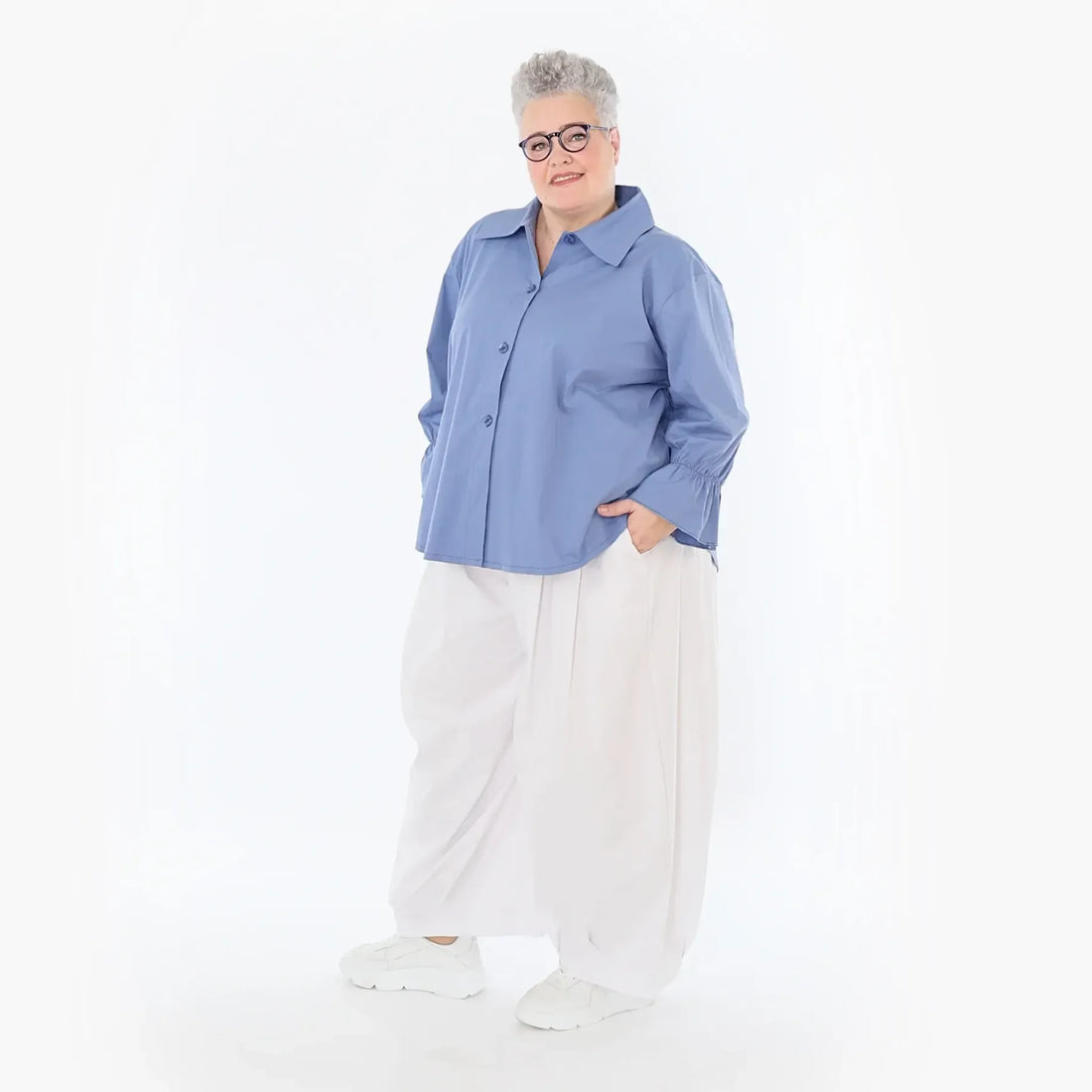  AKH Fashion Bluse in gerundeter Form, aus Baumwolle, 1482.07062, Azurblau, Ausgefallen