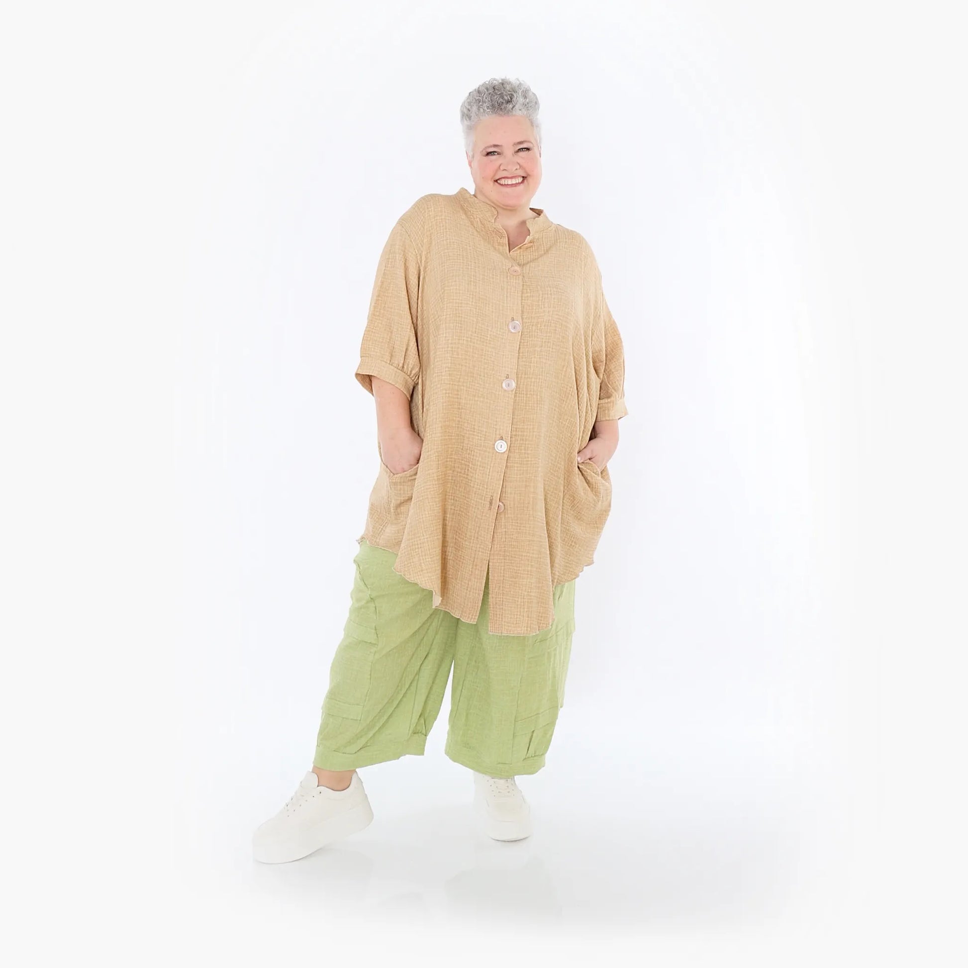  AKH Fashion Bluse in gerundeter Form, aus Baumwolle, 1501.07106, Cognac, Ausgefallen