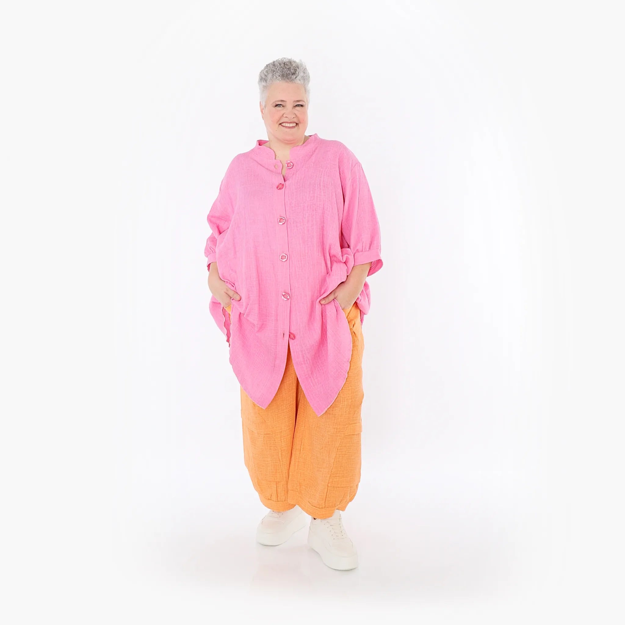  AKH Fashion Bluse in gerundeter Form, aus Baumwolle, 1501.07106, Fuchsia, Ausgefallen