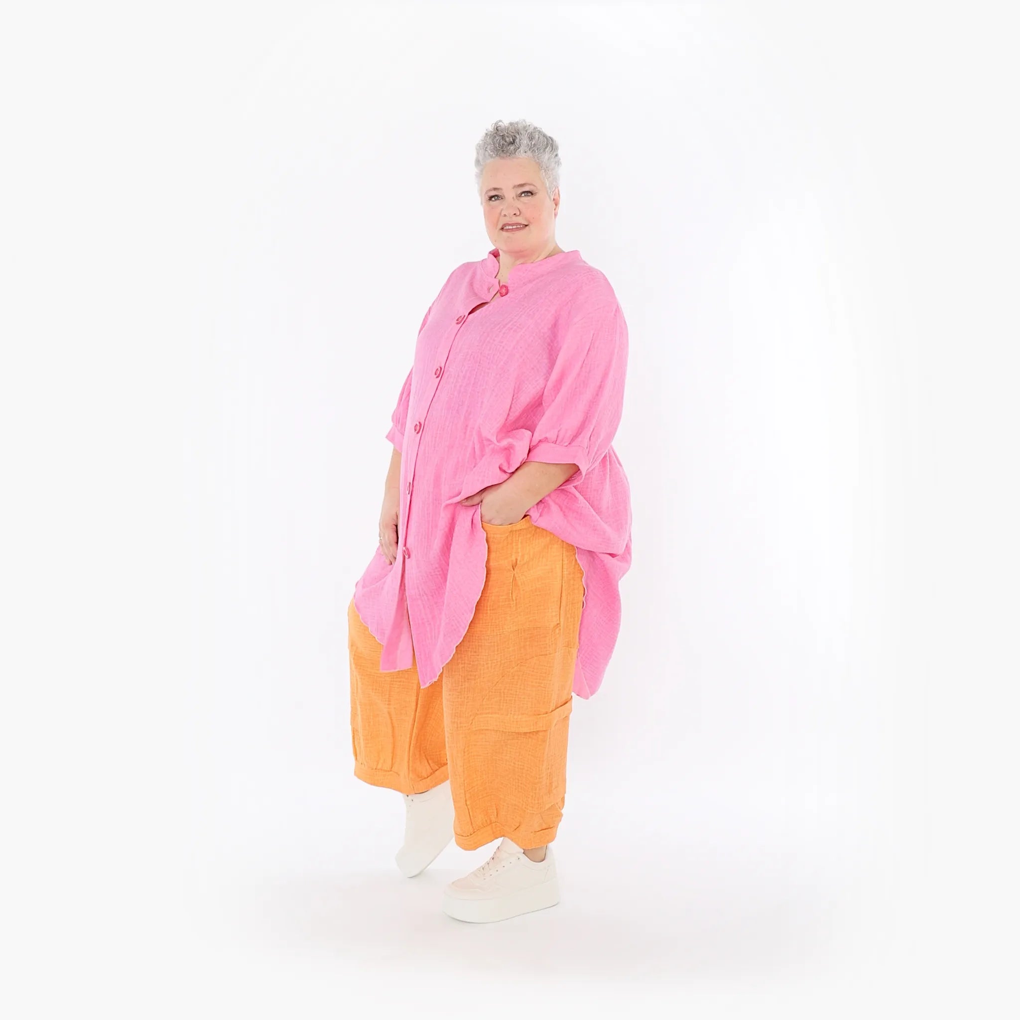  AKH Fashion Bluse in gerundeter Form, aus Baumwolle, 1501.07106, Fuchsia, Ausgefallen